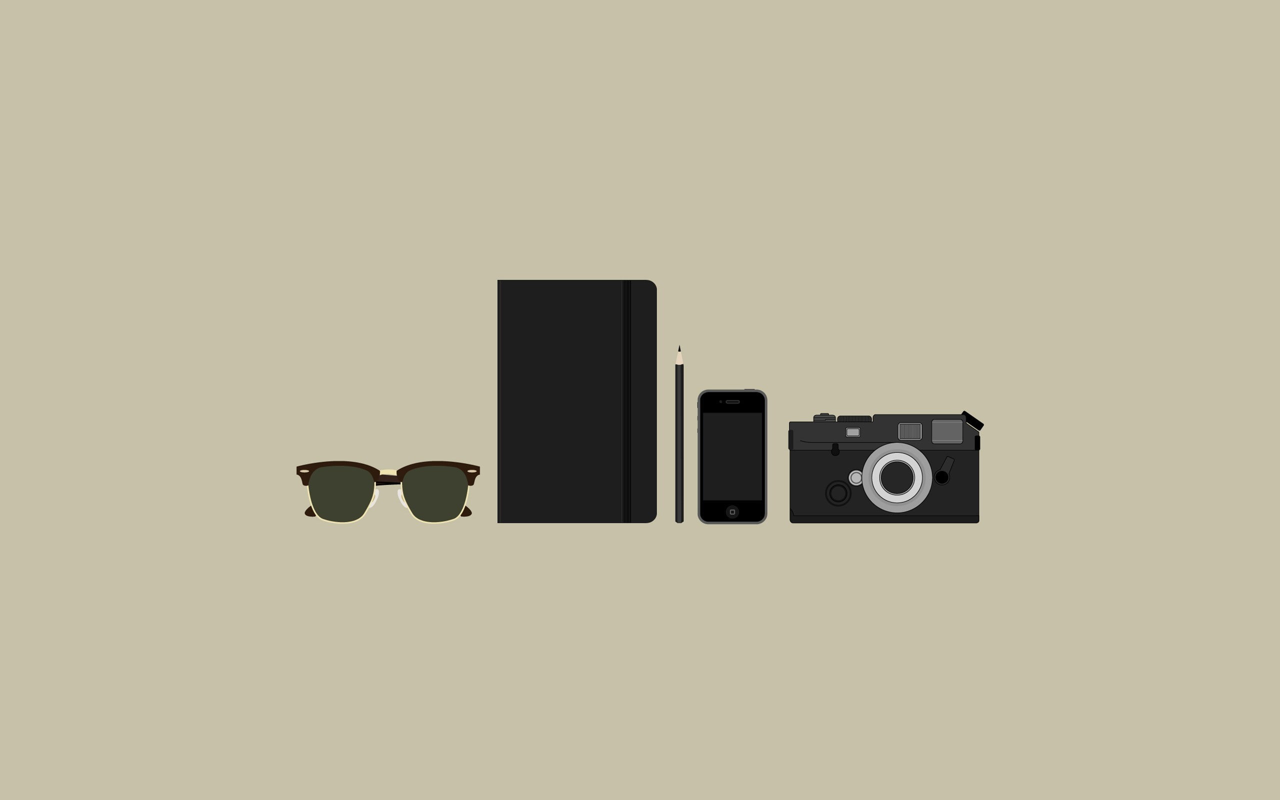 pencils, sunglasses, simple, iphone, cameras, minimalistic, pda, 2K, HD Wallpaper