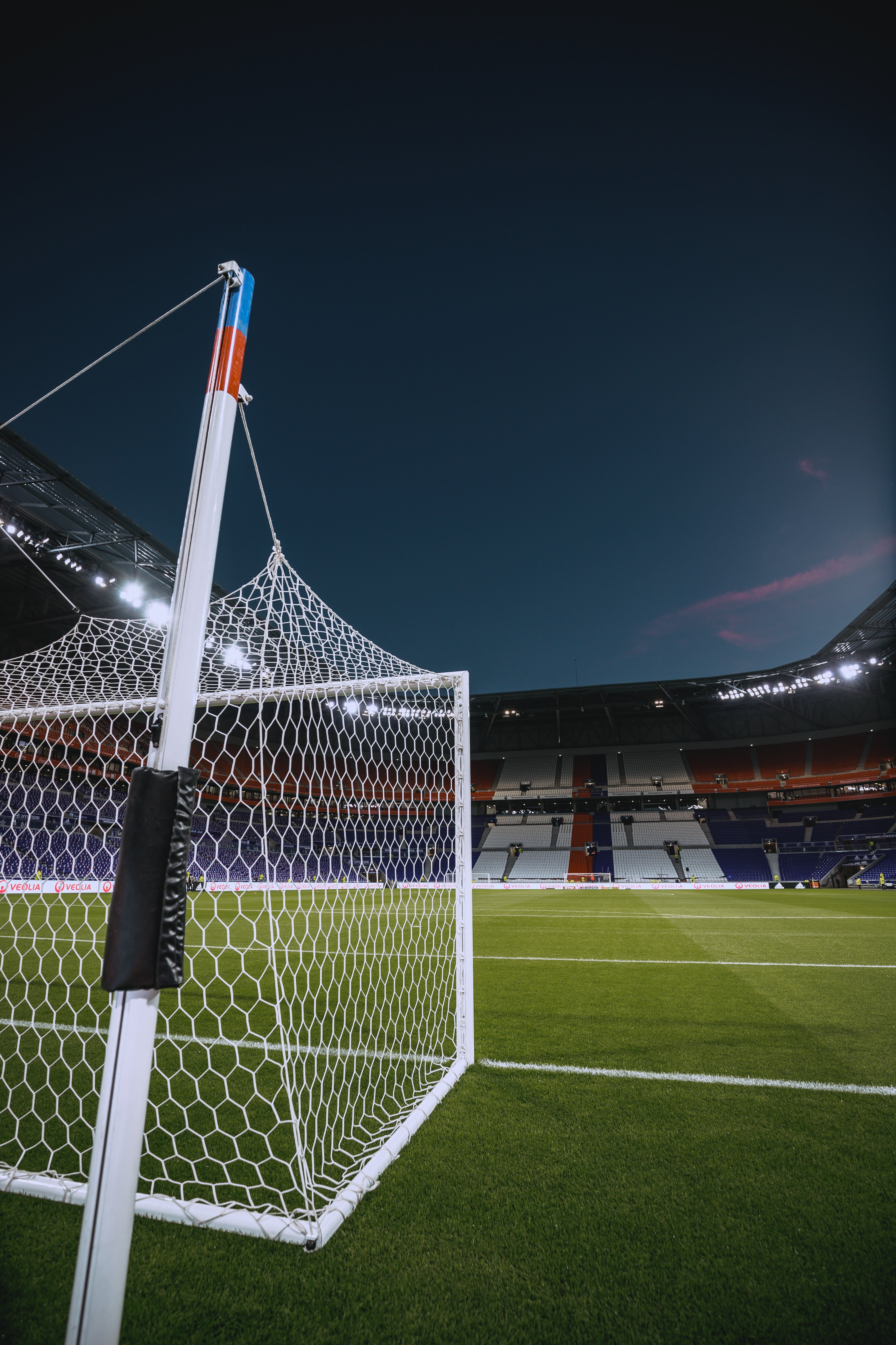 night, 5K, lawn, net - sports equipment, sport, tribunes, soccer field, copy space, metal, goal, grass, playing field, soccer, nature, illuminated, sky, Phone HD Wallpaper