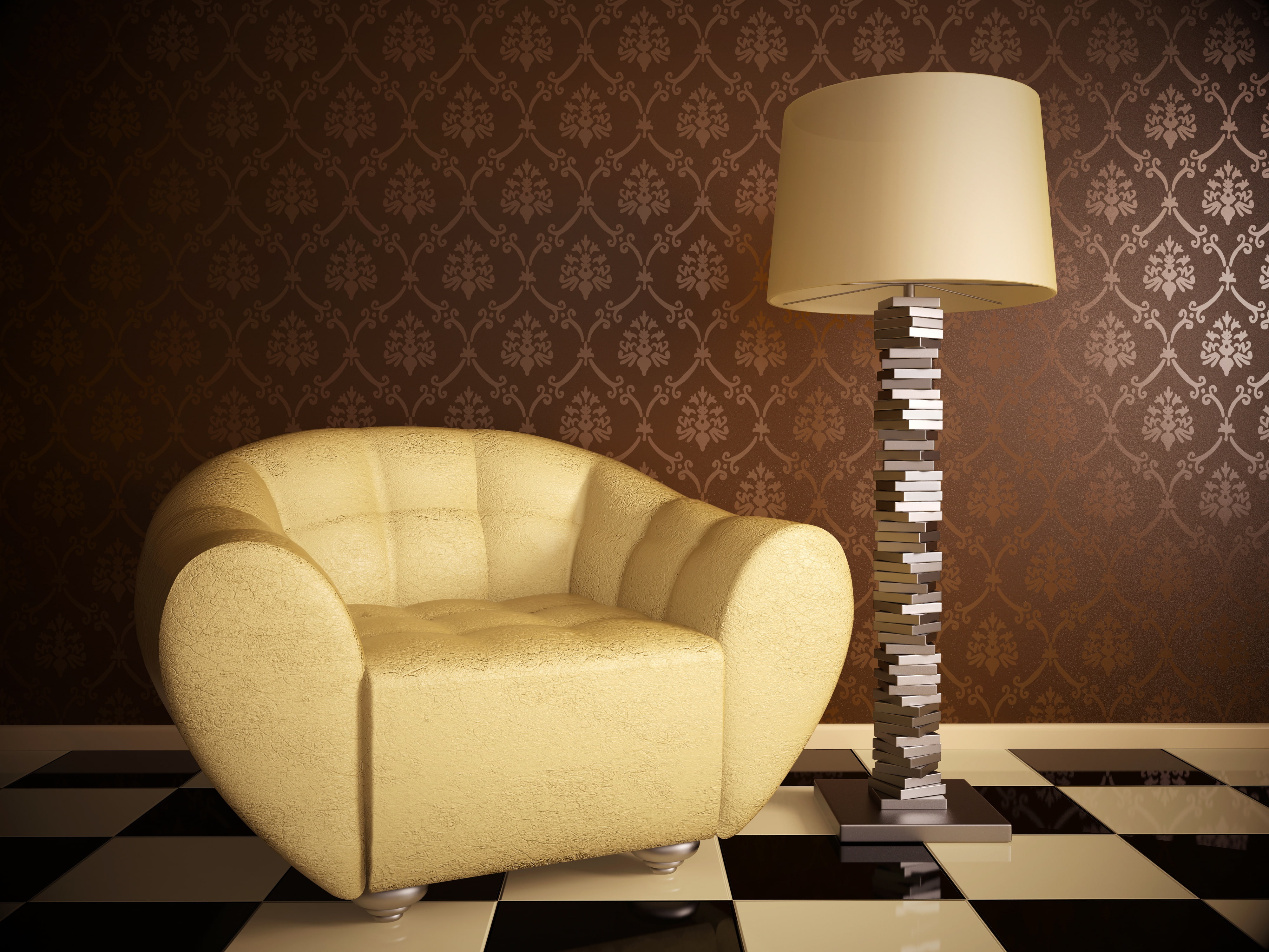 Sofa, 4K, yellow, pedestal table, armchair, HD Wallpaper