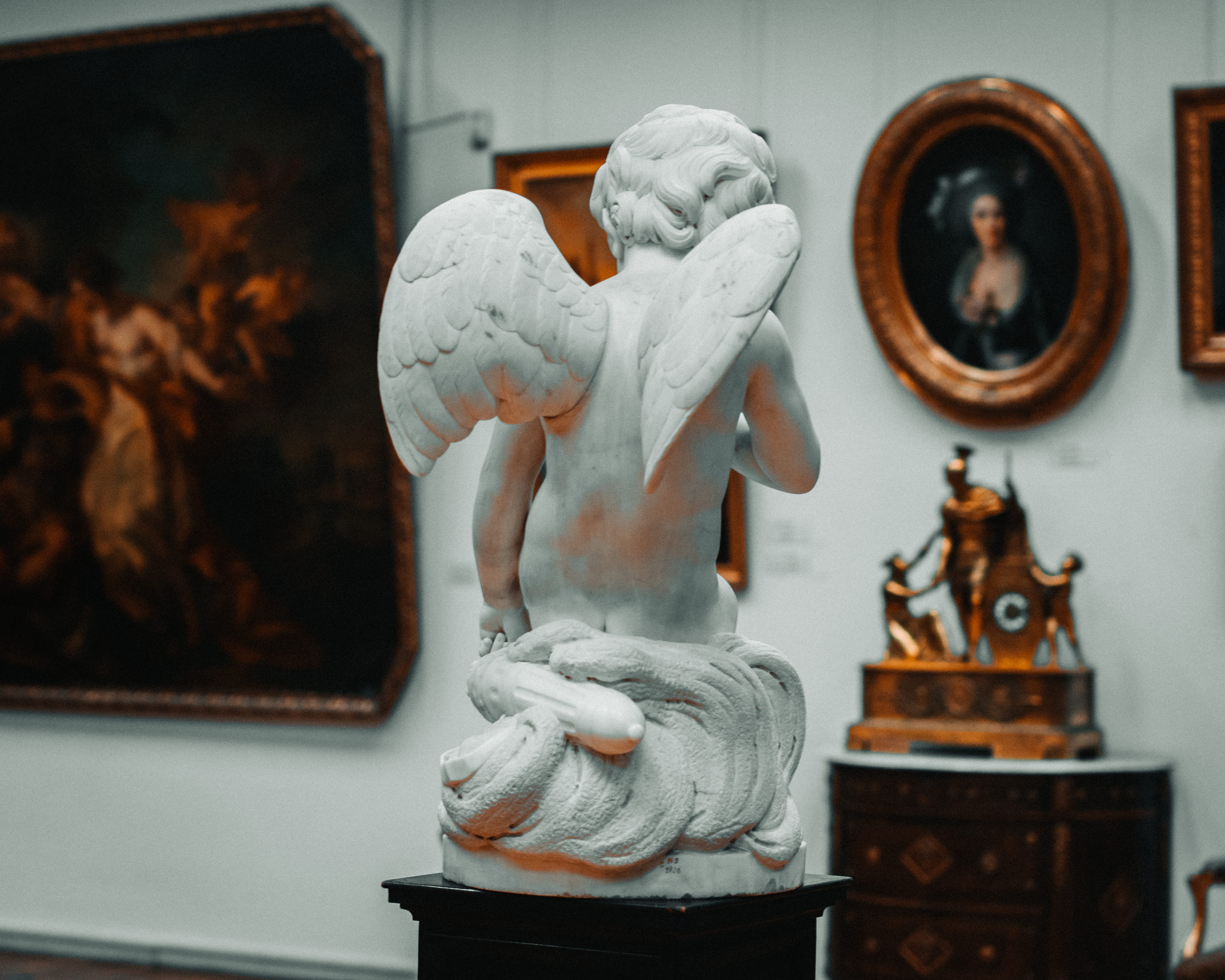 belief, day, statue, 4K, human representation, cherub, indoors, close-up, no people, angel, figurine, craft, pedestal, religion, representation, creativity, HD Wallpaper