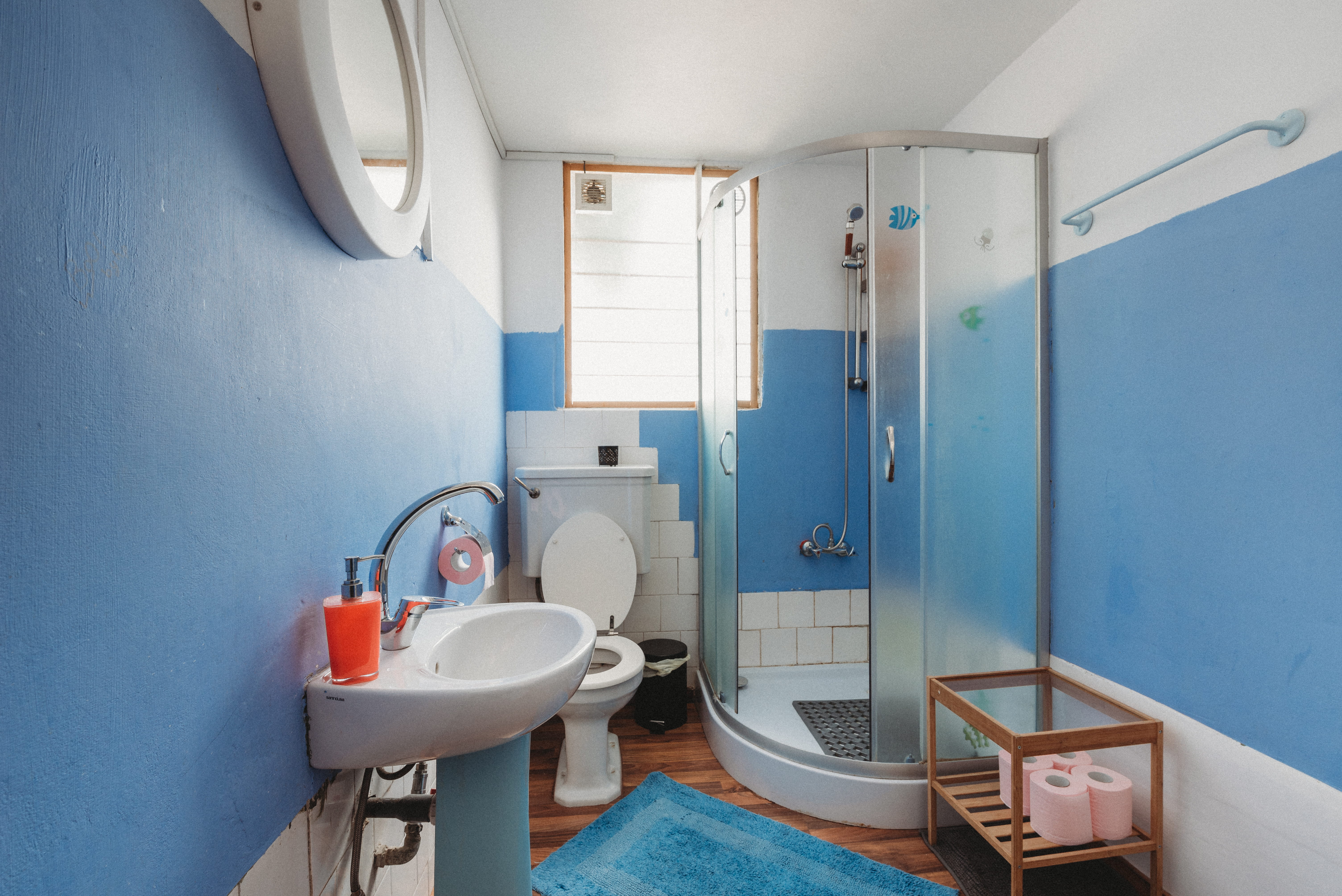 indoors, bathroom, toilet, domestic room, blue, flooring, healthcare and medicine, toilet bowl, home, public restroom, 5K, sink, modern, ceramic, luxury, HD Wallpaper