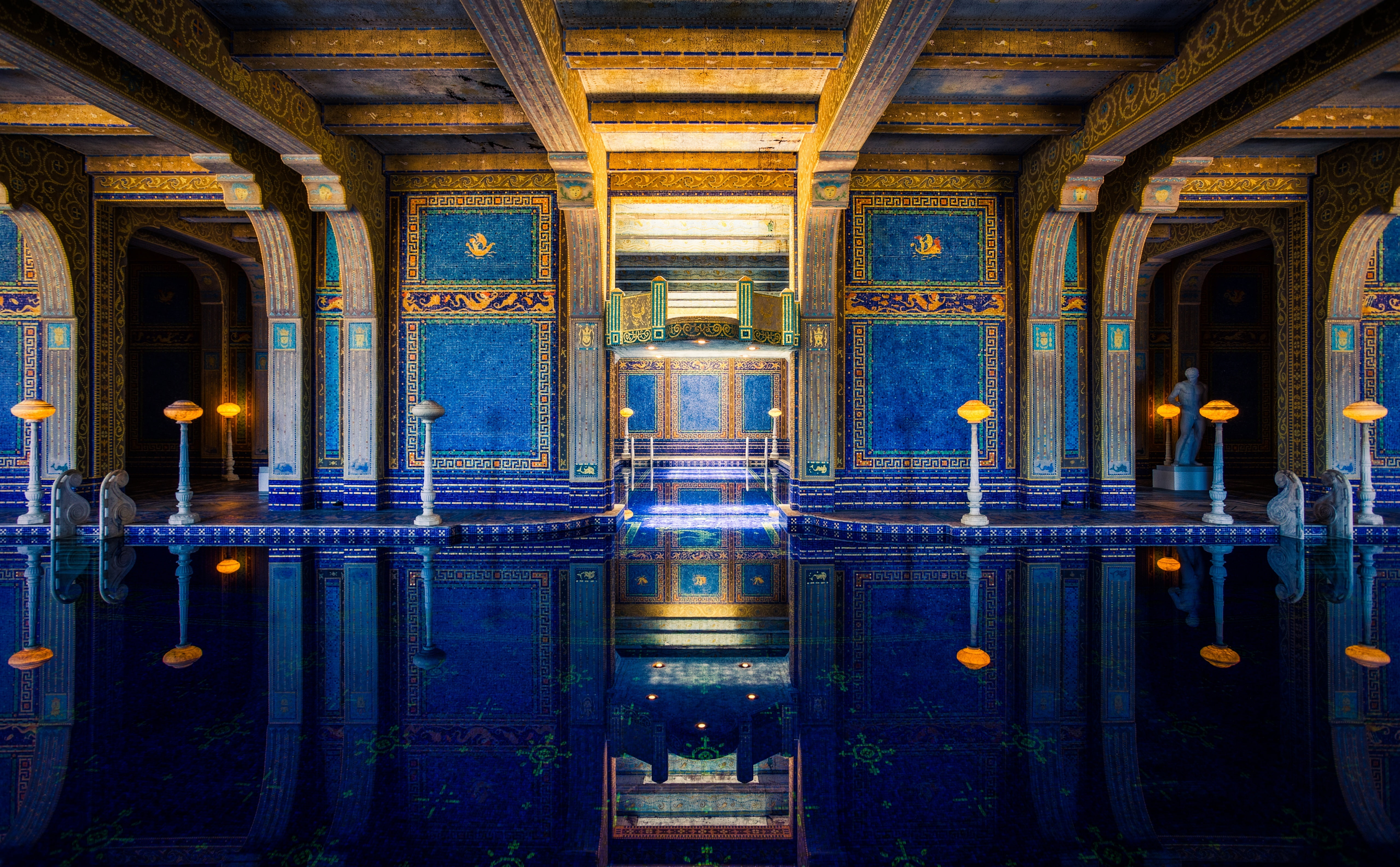 symmetry, building, illuminated, arch, wall, metal, reflection, brown, entrance, built structure, lighting equipment, Pool, blue, Architecture, no people, HD Wallpaper