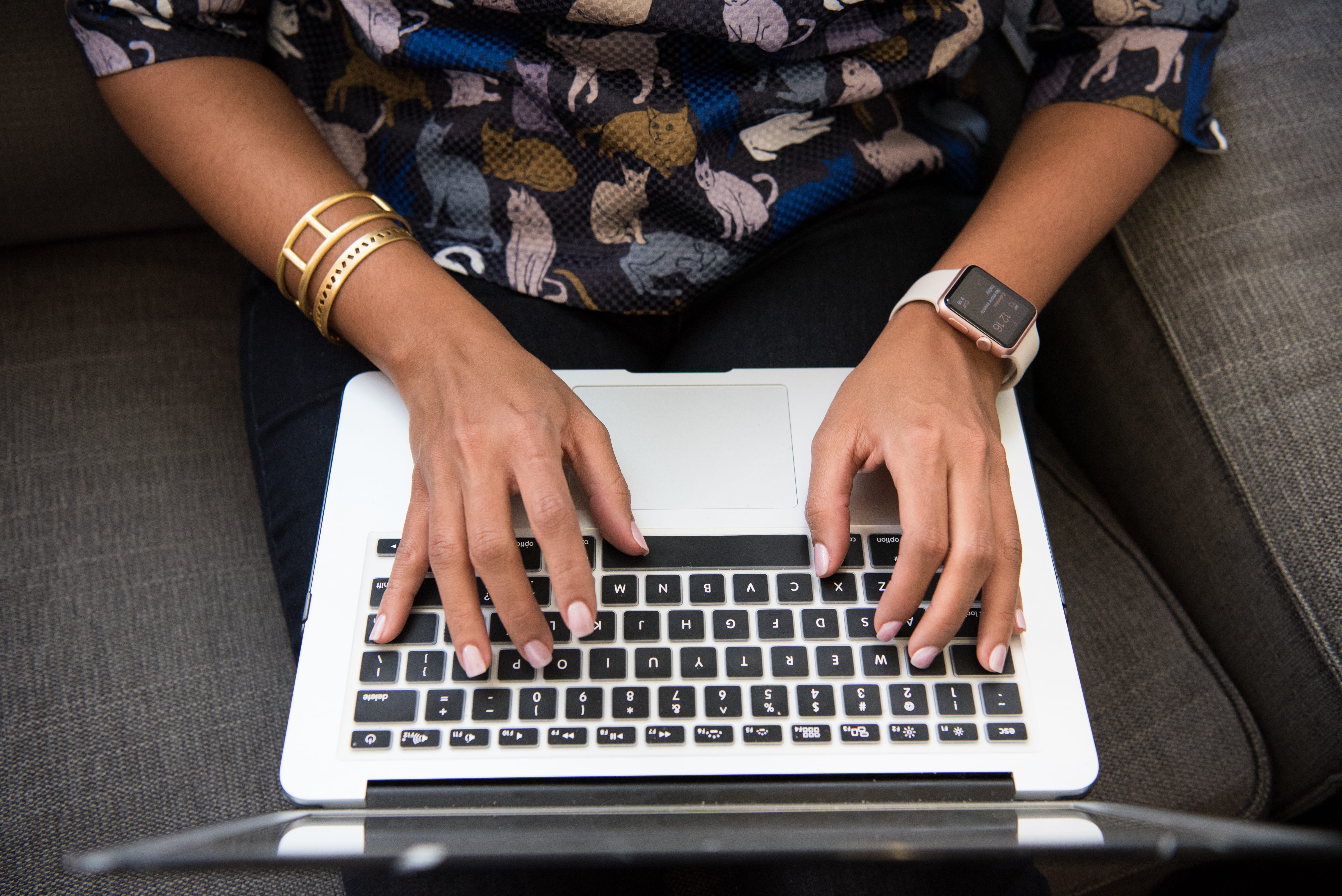 apple watch, digital nomad, using laptop, laptop, connection, remote work, air, hands, indoors, sitting, apple devices, adult, hand, keyboard, typing, person, HD Wallpaper