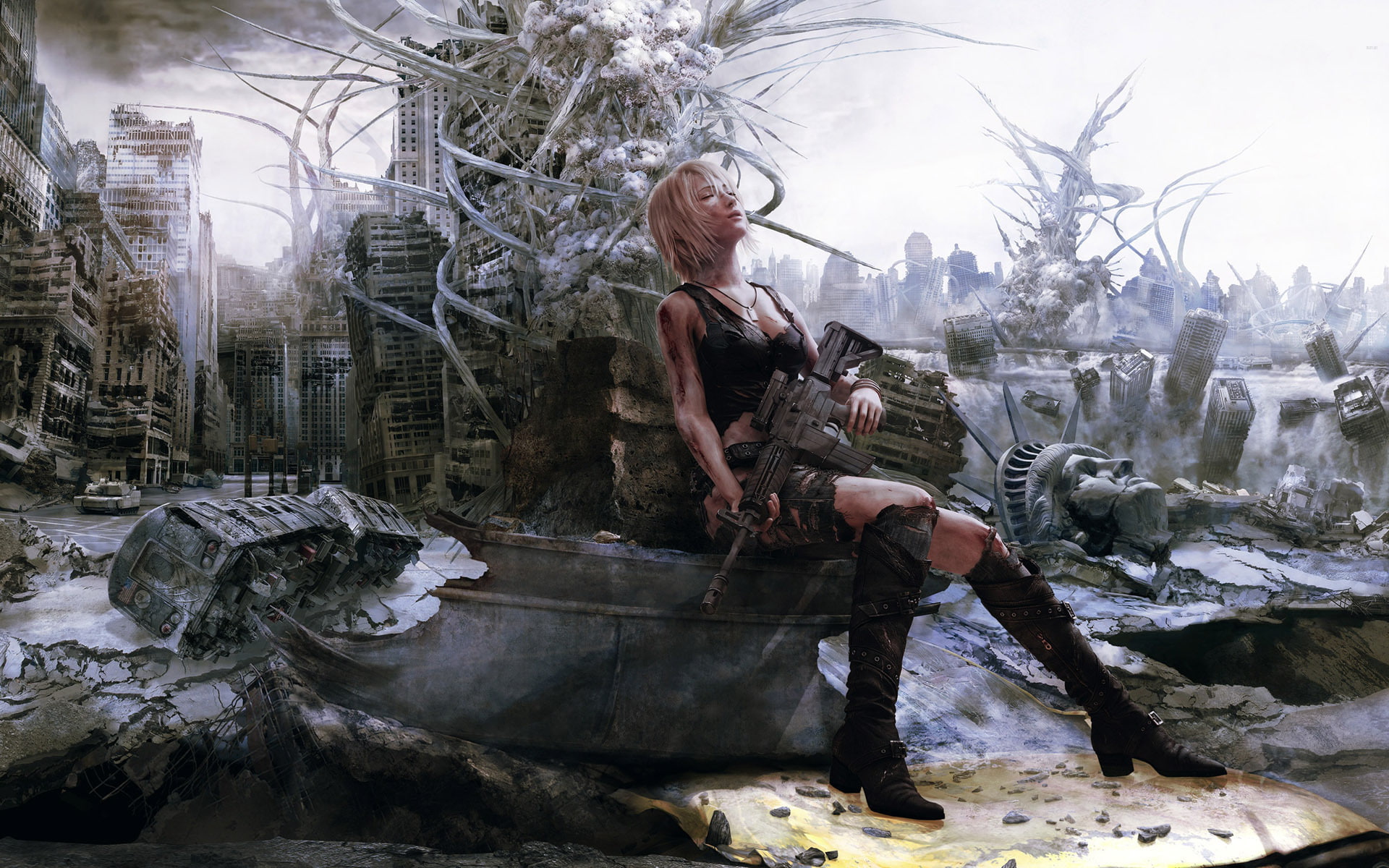 one person, plant, water, built structure, young adult, real people, women, architecture, representation, men, sculpture, video games, gun, Aya Brea, tree, HD Wallpaper