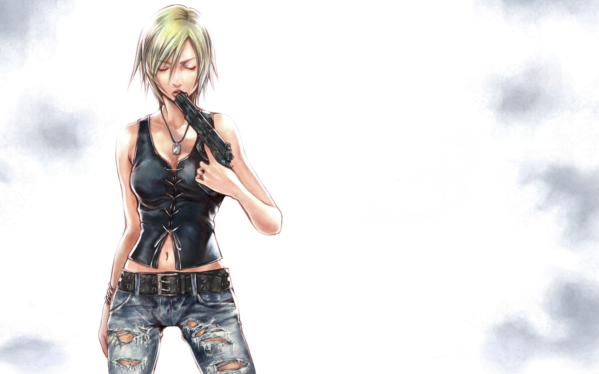 casual clothing, jeans, three quarter length, sky, pistol, portrait, holding, long hair, hair, illustration, lifestyles, copy space, Aya Brea, young women, HD Wallpaper