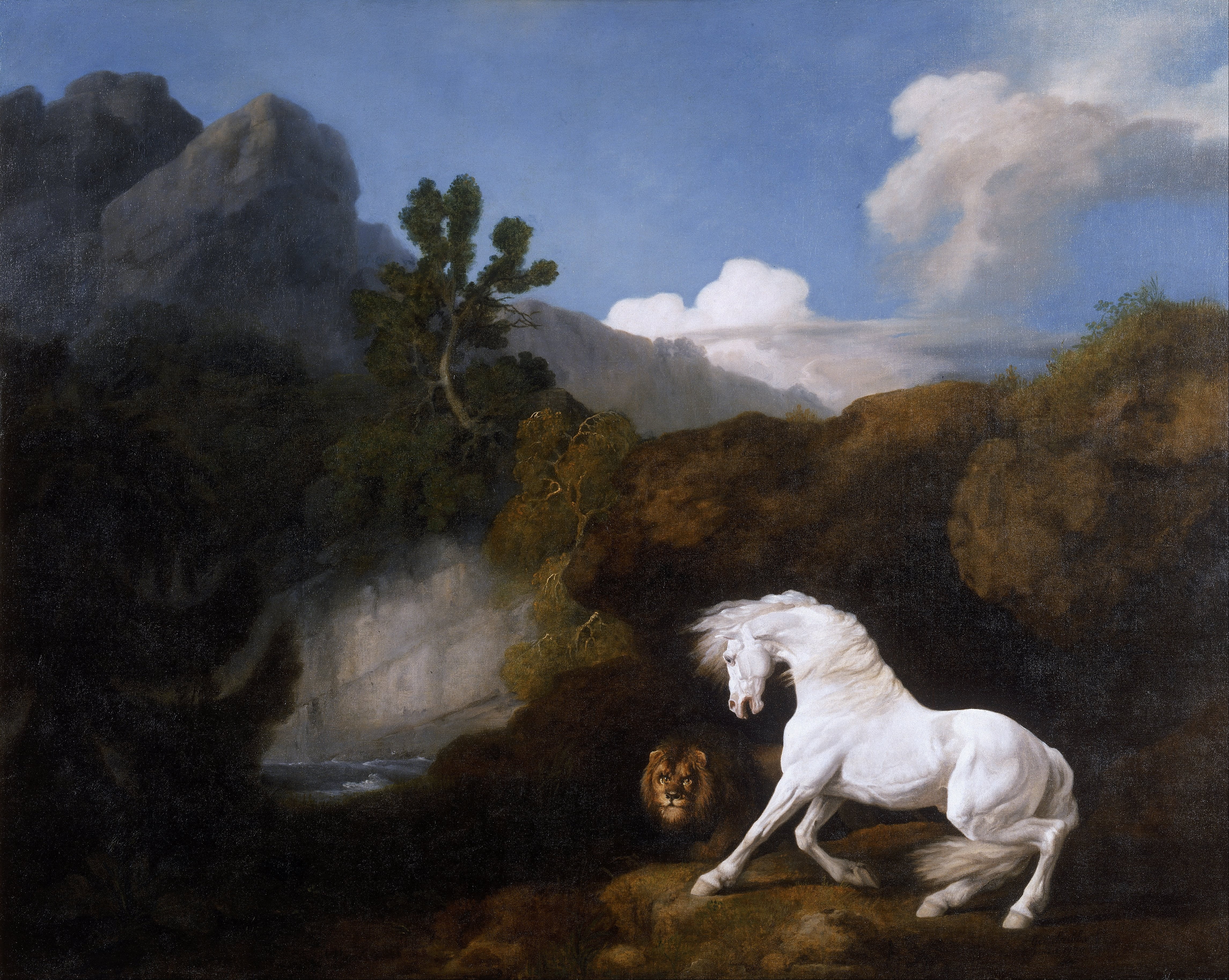 animal themes, animal, cloud - sky, country, vertebrate, oil on canvas, trees, artistry, day, mountain, lion, no people, pets, white, near, beauty in nature, HD Wallpaper