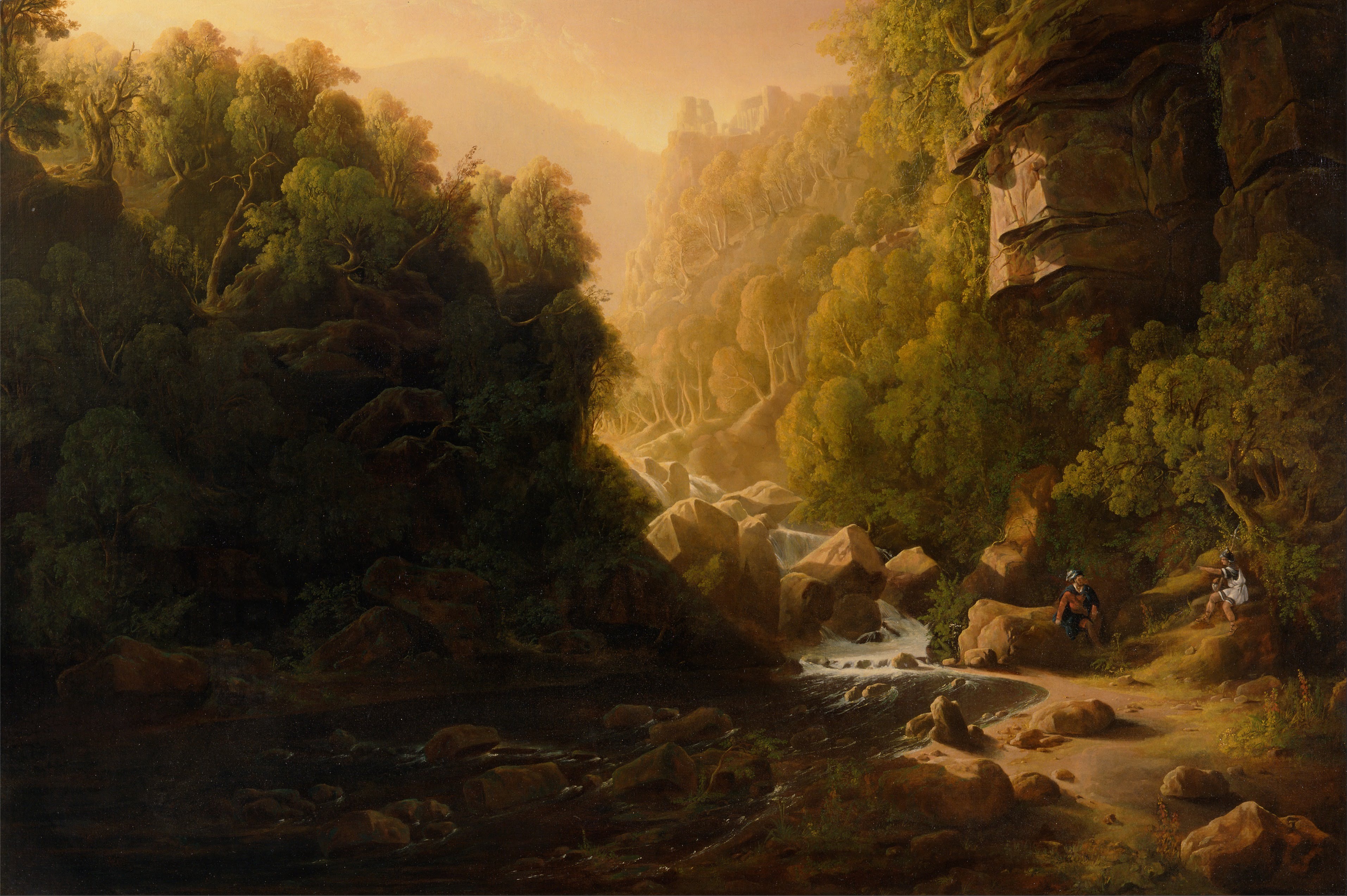 rock, water, tranquil scene, tranquility, rock - Object, sky, painting, oil on canvas, non-urban scene, stream, trees, scenics - nature, waterfalls, solid, HD Wallpaper