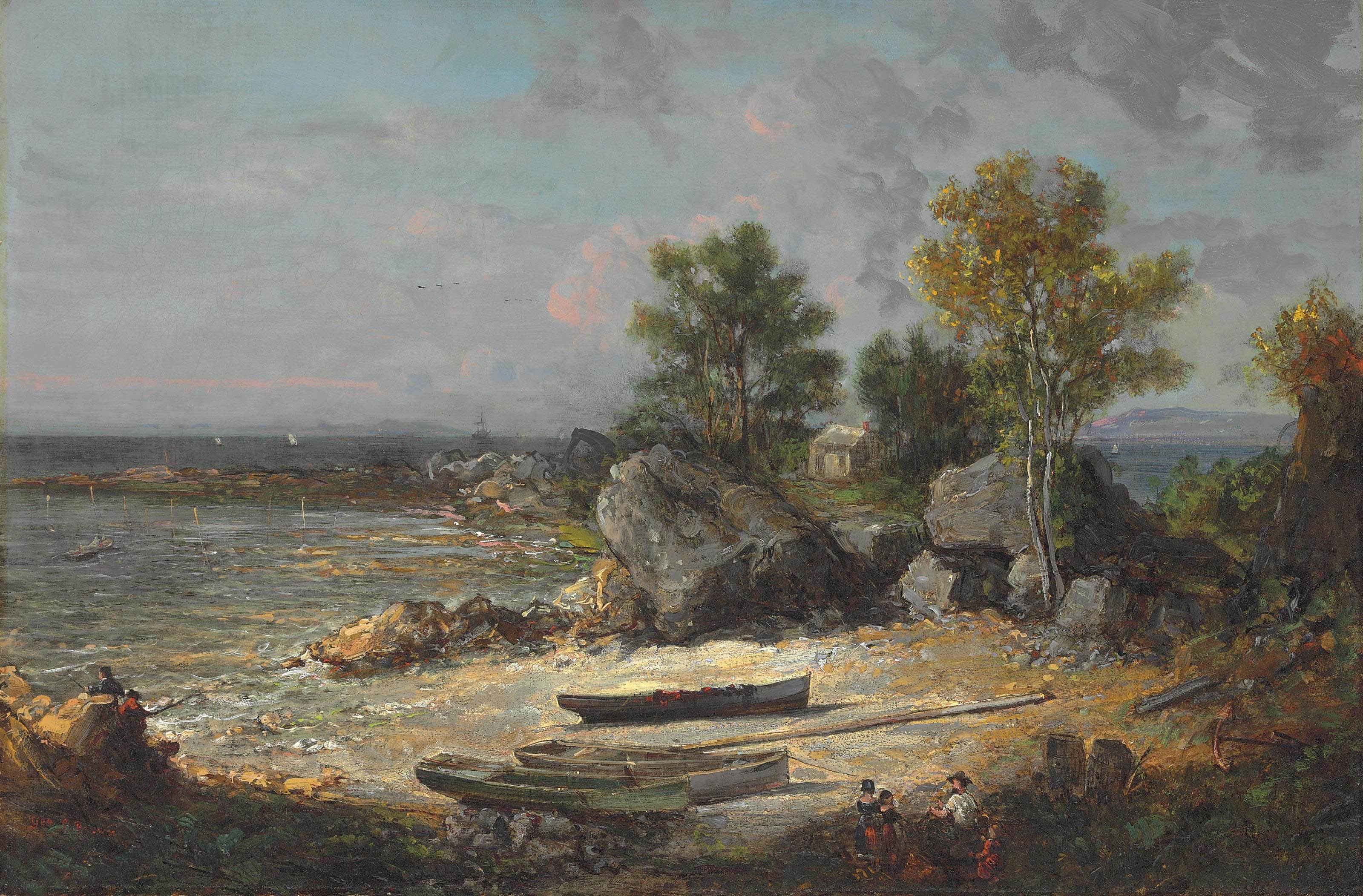 boats, clouds, beauty in nature, 2K, no people, scenics - nature, two, day, plant, oil on canvas, rocky, non-urban scene, artistic, beach, shore, house, HD Wallpaper