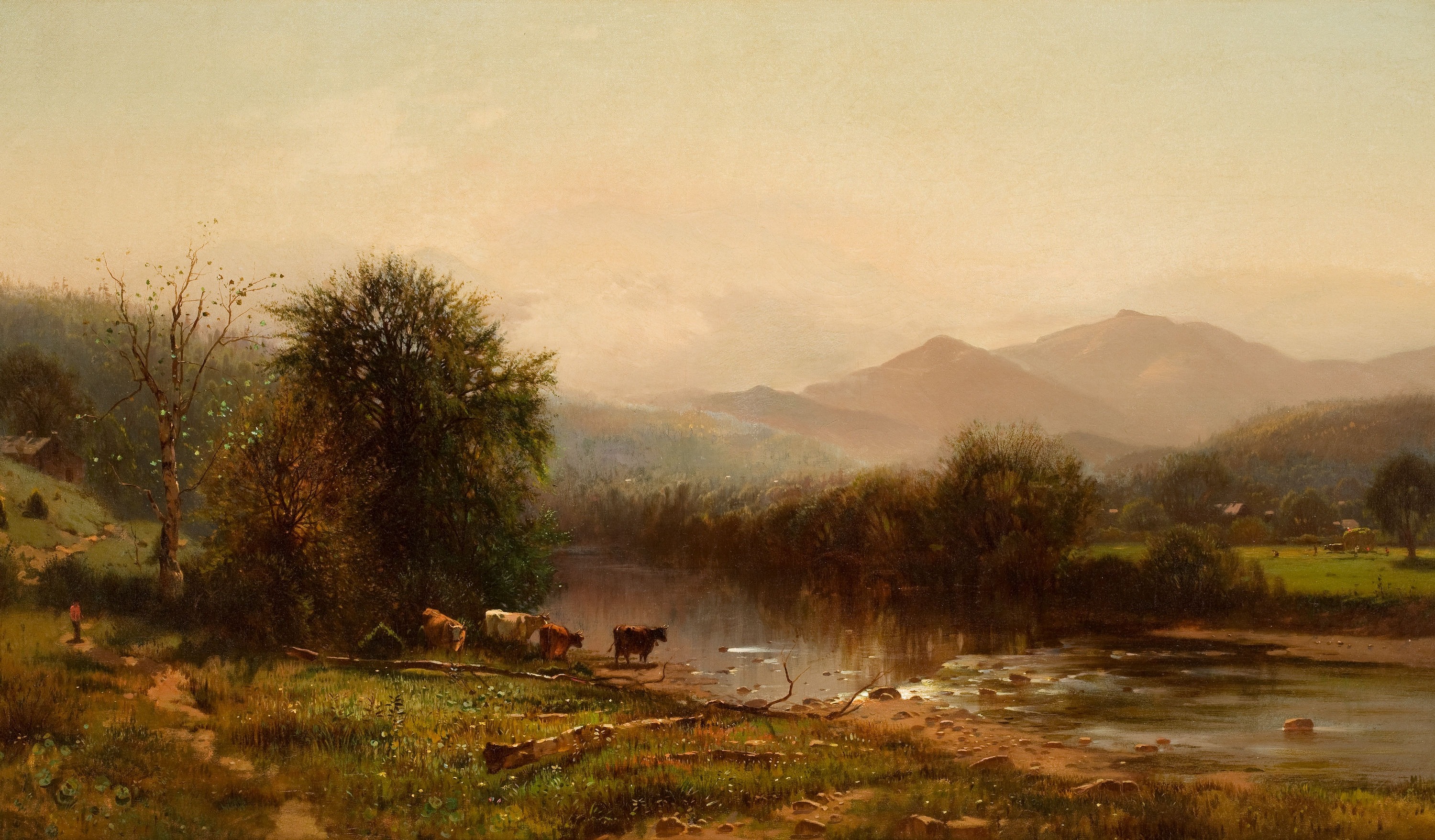 valley, mountains, artistry, artistic, mountain range, arthur parton, fog, art, nature, no people, painting, countryside, cows, creek, environment, country, HD Wallpaper