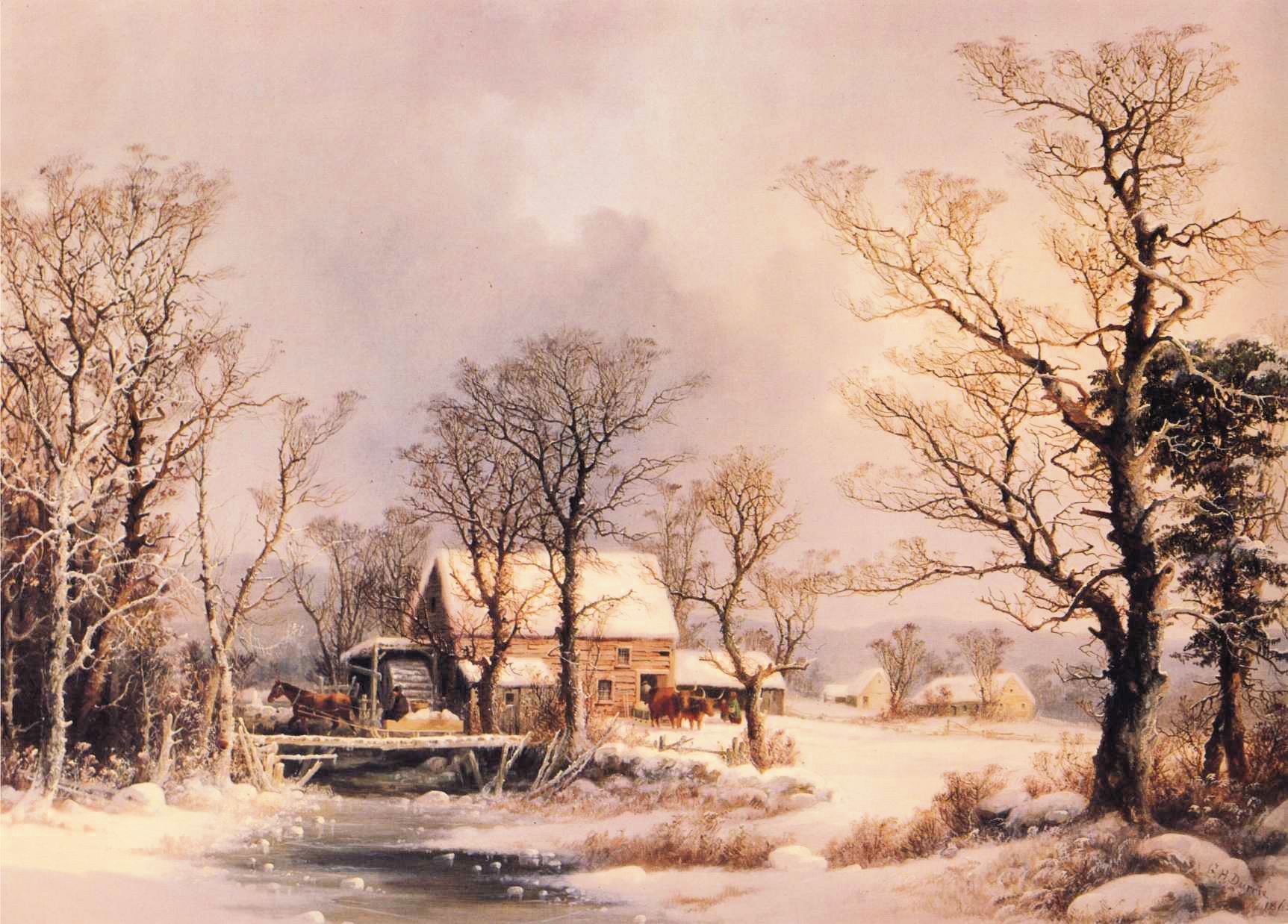water, no people, plant, farm, day, tranquility, landscape, bare tree, tree, nature, painting, artistic, bridge, snow, art, country, cattle, countryside, HD Wallpaper