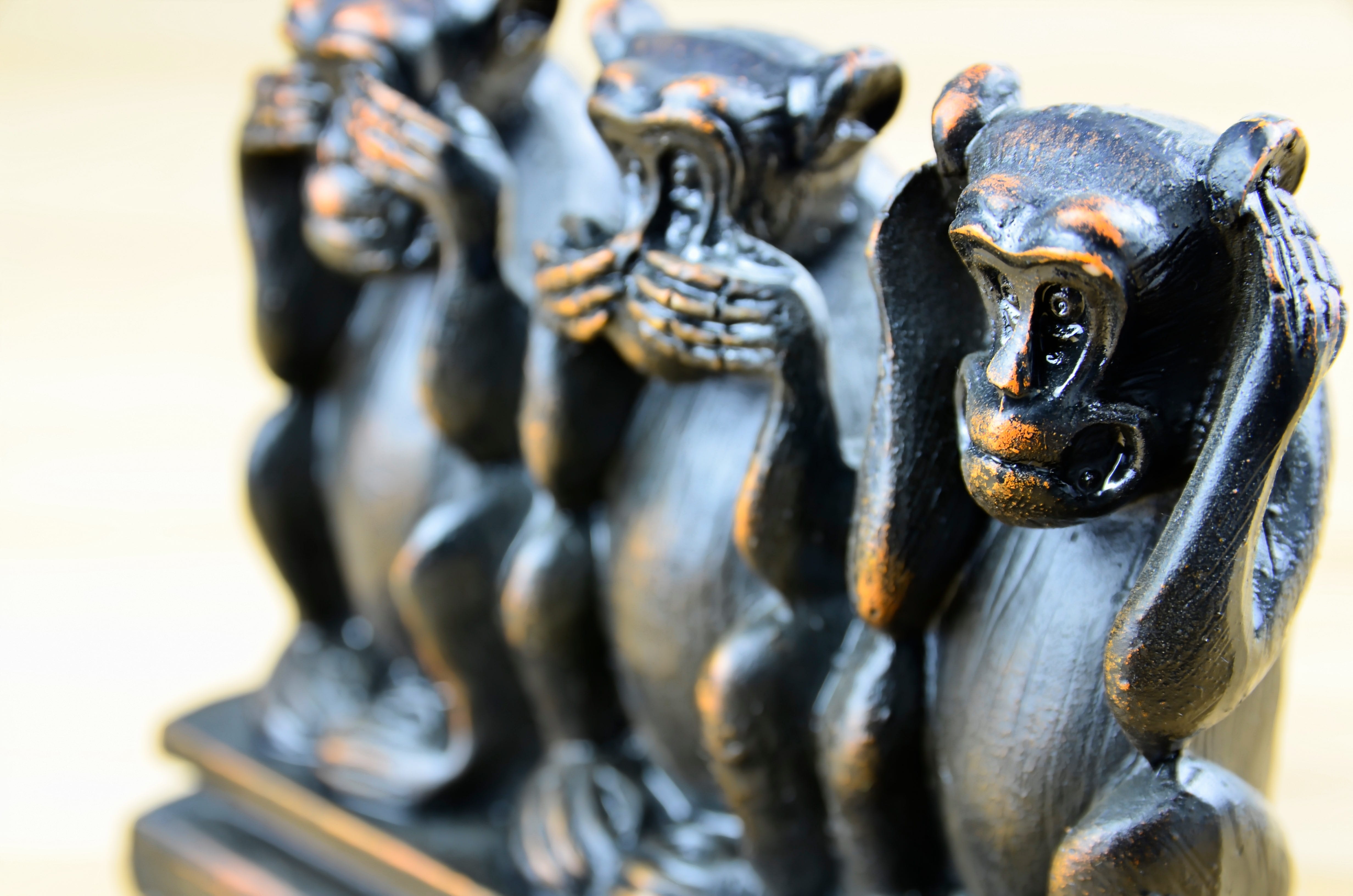 close-up, three, metal, focus, three monkeys, animal wildlife, photograph, sculpture, wise, the past, art and craft, i do not hear evil, monkey, ornate, HD Wallpaper