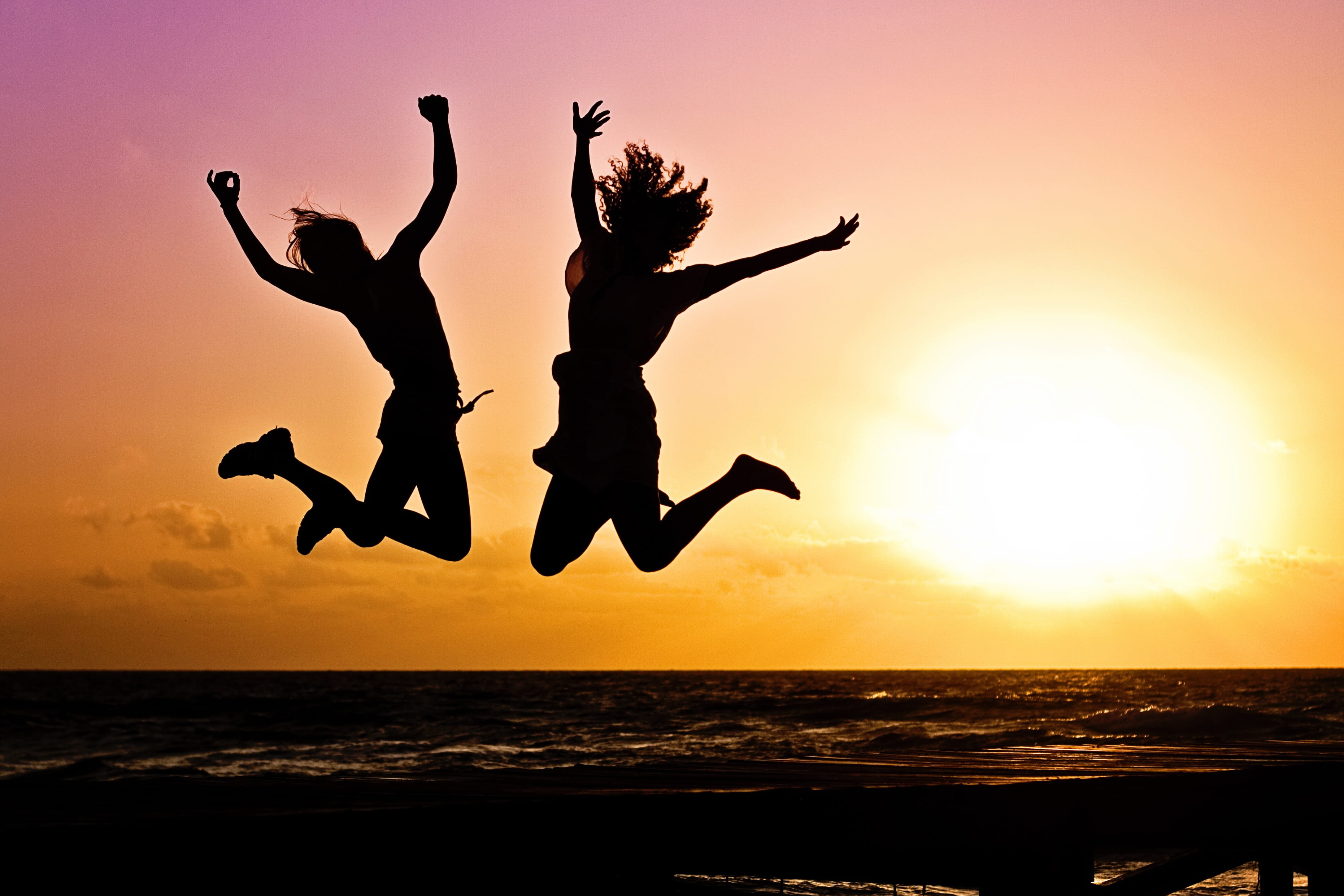 youth, person, silhouette, happiness, water, horizon over water, high, seaside, two, enjoyment, sky, women, 2K, togetherness, excitement, jumping, freedom, HD Wallpaper