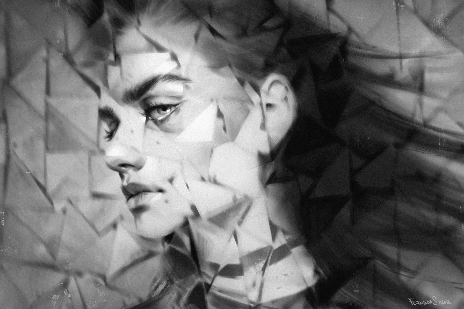 close-up, human face, indoors, beautiful woman, adult, glass, lifestyles, young women, one person, brunette, contemplation, 1080P, real people, broken, HD Wallpaper