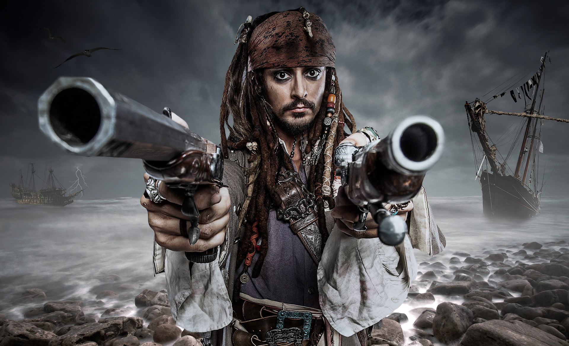 holding, sign, caribbean, Louis Guglielmero, adult, standing, weapon, mid adult, evil, portrait, pirates, gun, 1080P, nature, johnny, men, hunter, waist up, HD Wallpaper