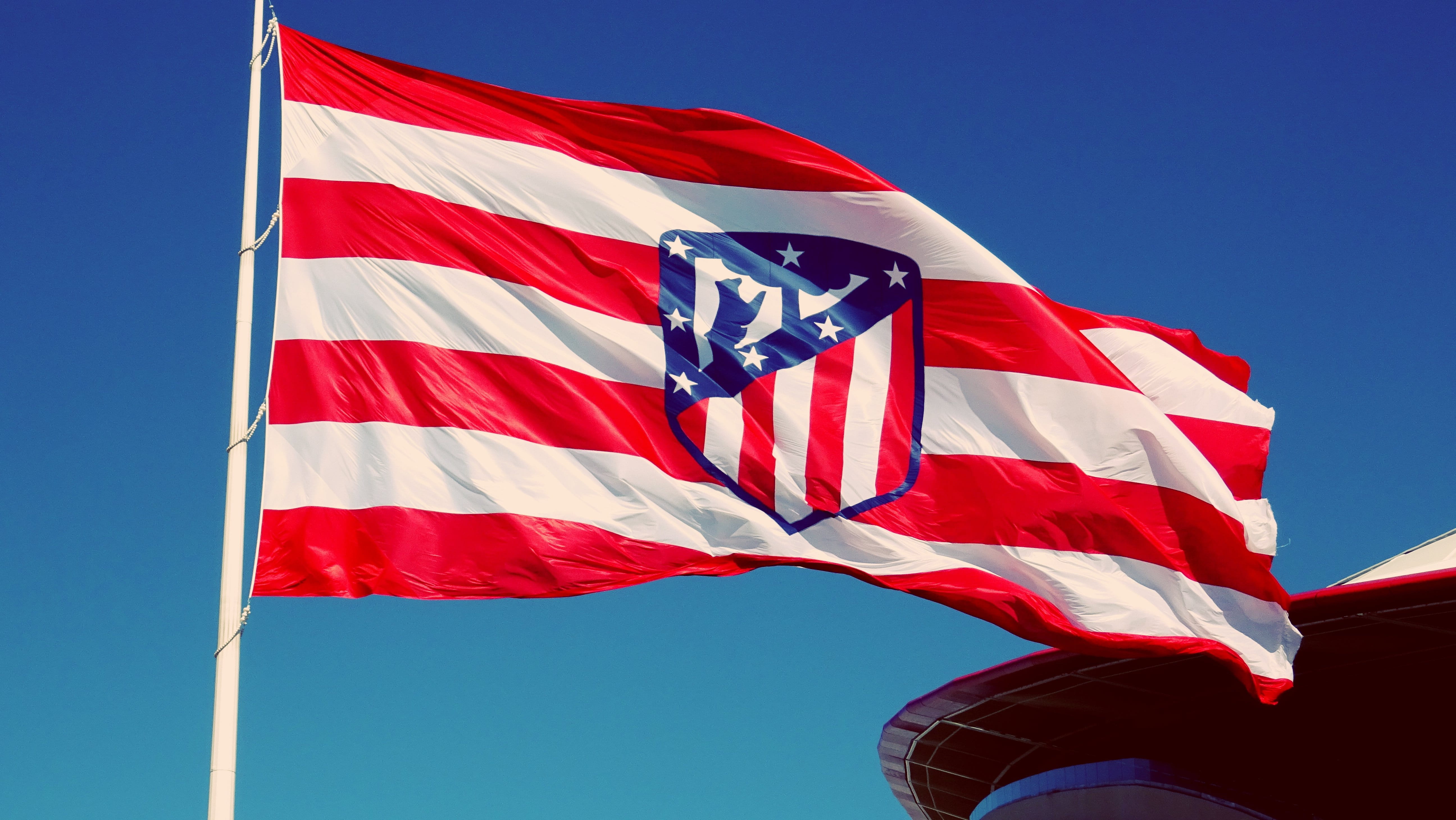 waving, nature, sky, national icon, football, flag, star shape, red, blue, clear sky, environment, patriotism, shape, outdoors, low angle view, atletico, HD Wallpaper