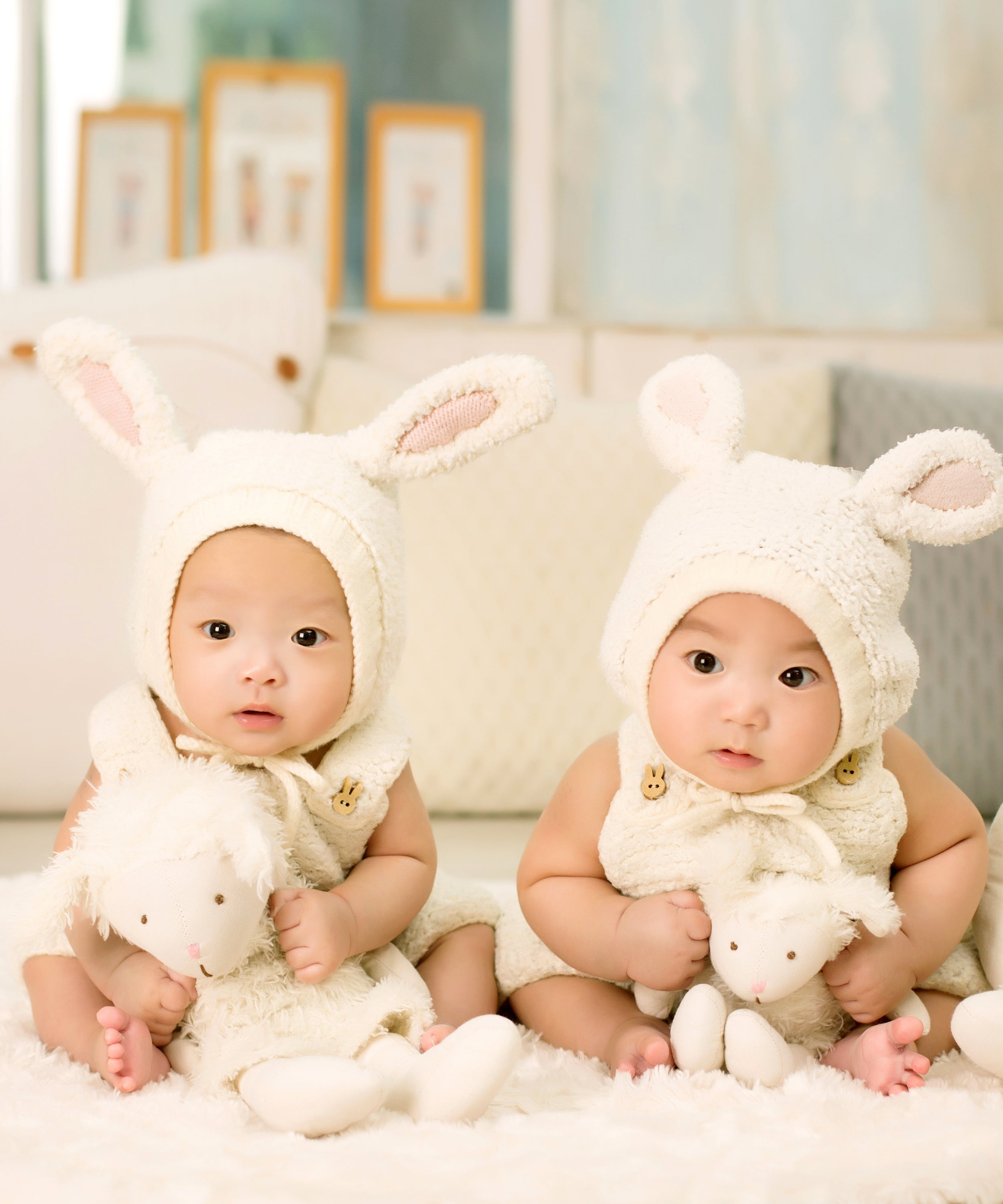indoors, sitting, happiness, portrait, representation, costumes, caucasian Ethnicity, clothing, child, rabbit, baby, twins, childhood, white, innocence, Phone HD Wallpaper