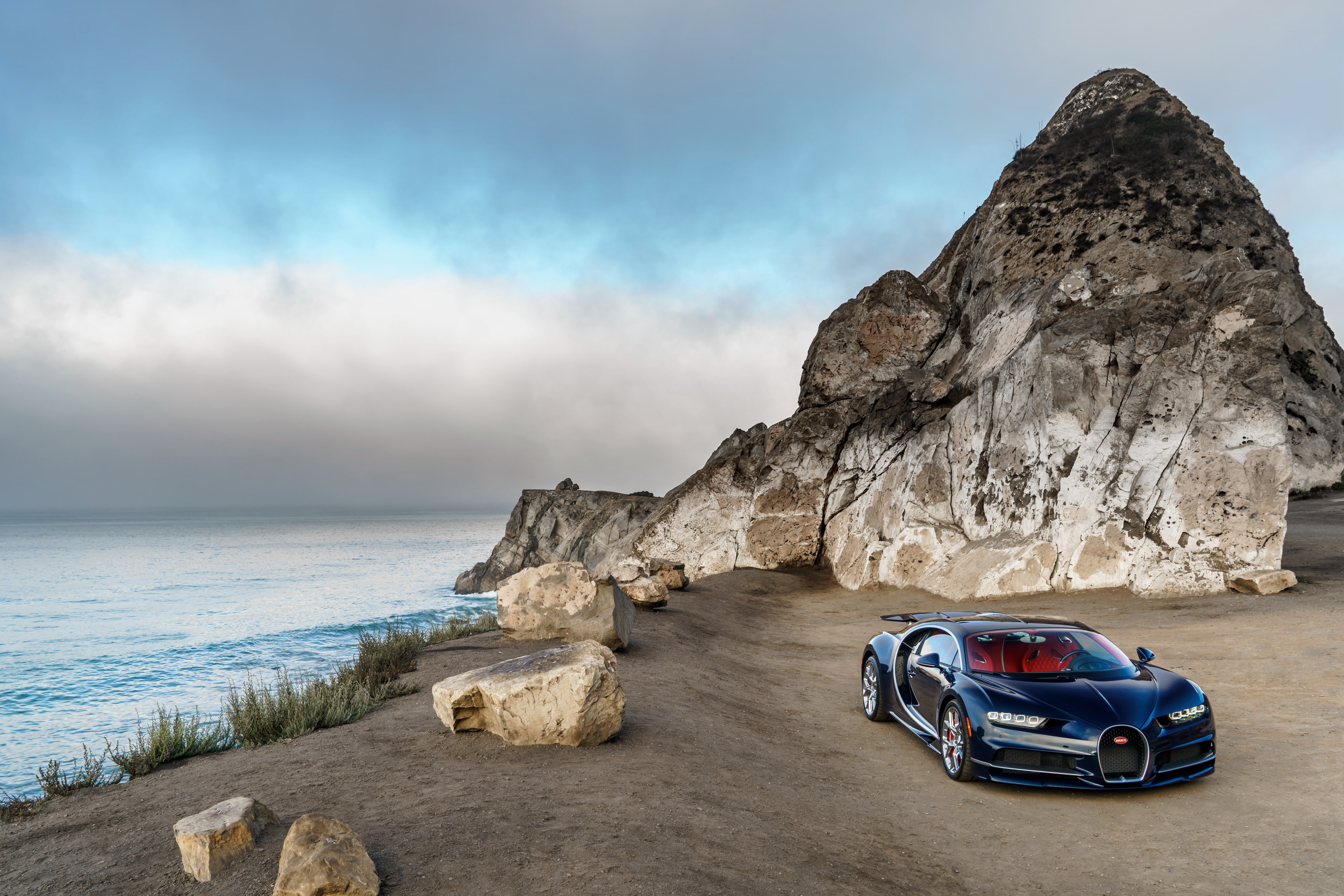 Sport Car, Sea, Blue Car, Car, Bugatti, Coast, 4K, Ocean, Vehicle, Supercar, Rock, Bugatti Chiron, HD Wallpaper