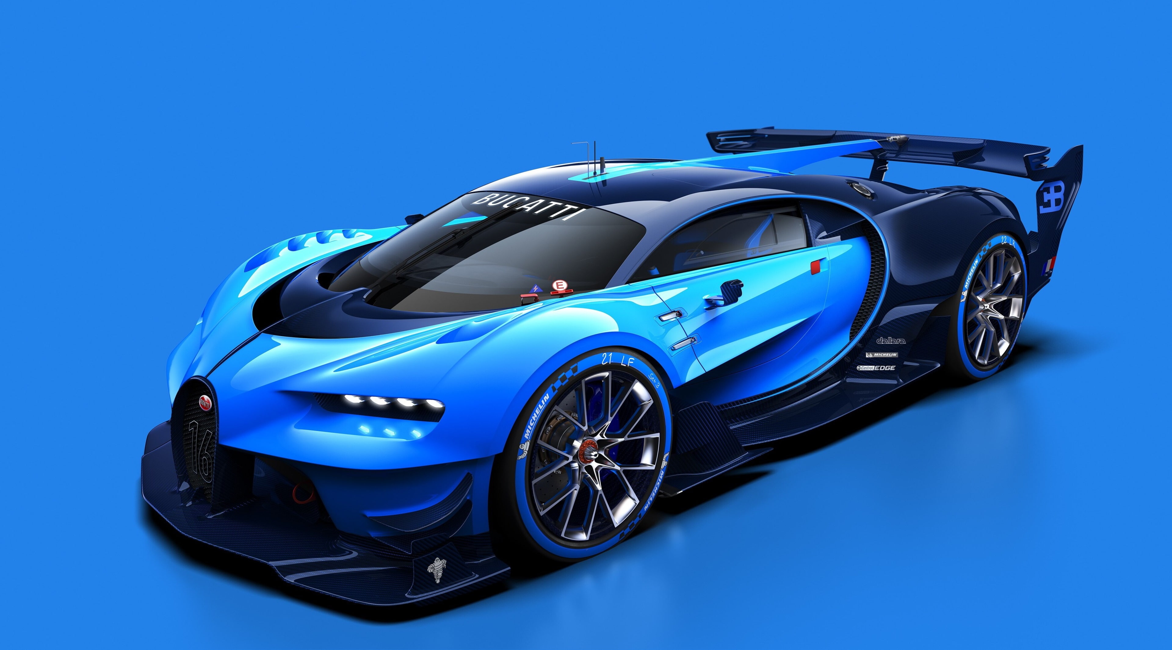 land vehicle, bugatti vision gran turismo 4k  full screen, racecar, blue background, car, silver colored, motor vehicle, wheel, luxury, colored background, HD Wallpaper