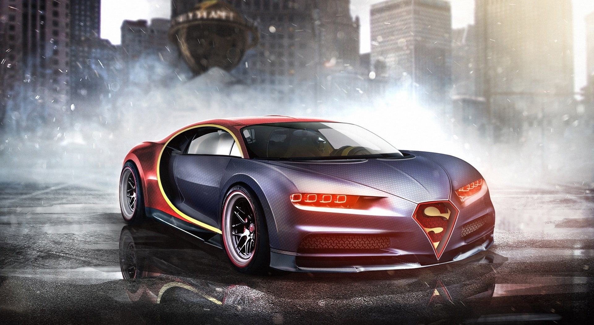 city, Cars, Bugatti, wet, city street, road, street, superman, chiron, built structure, transportation, land vehicle, traffic, rain, city life, skyscraper, HD Wallpaper