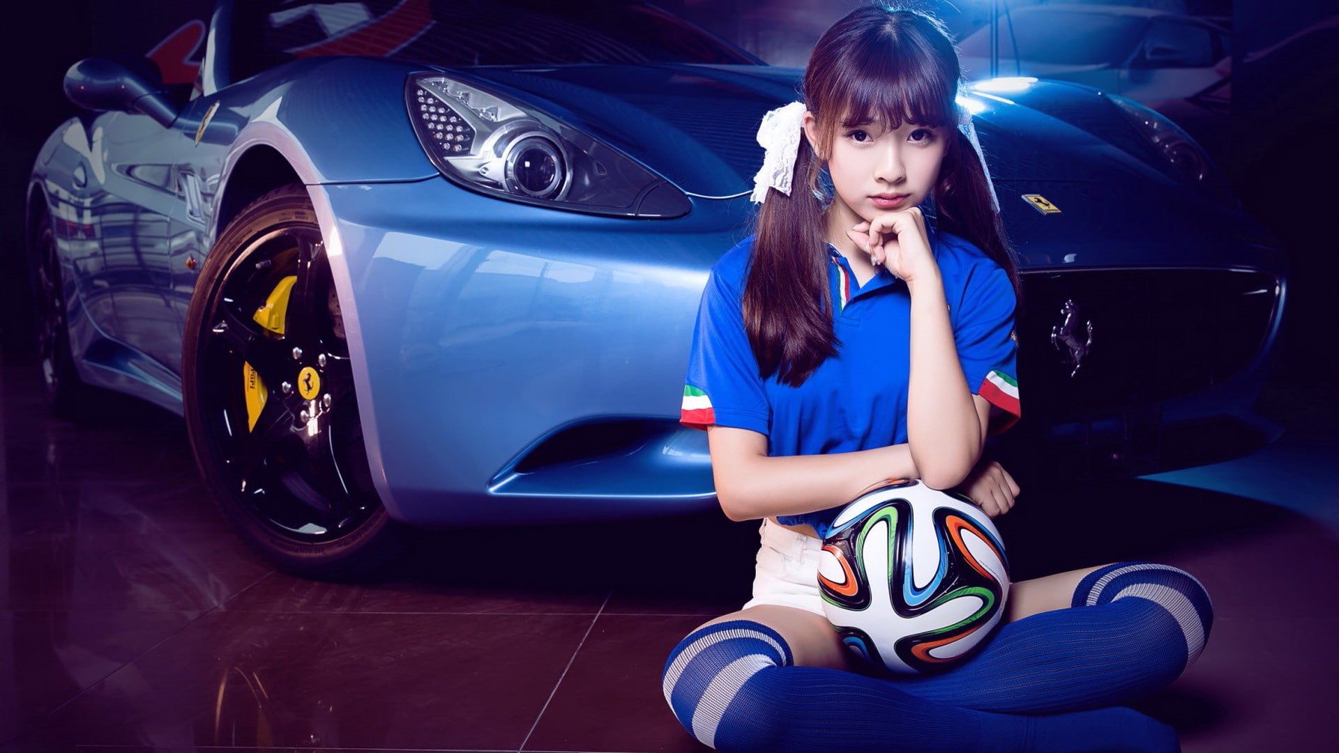 Football, soccer girls, sportswear, car, Ferrari, soccer, photography, sitting, brunette, women, knee-highs, soccer ball, legs crossed, vehicle, women with cars, HD Wallpaper