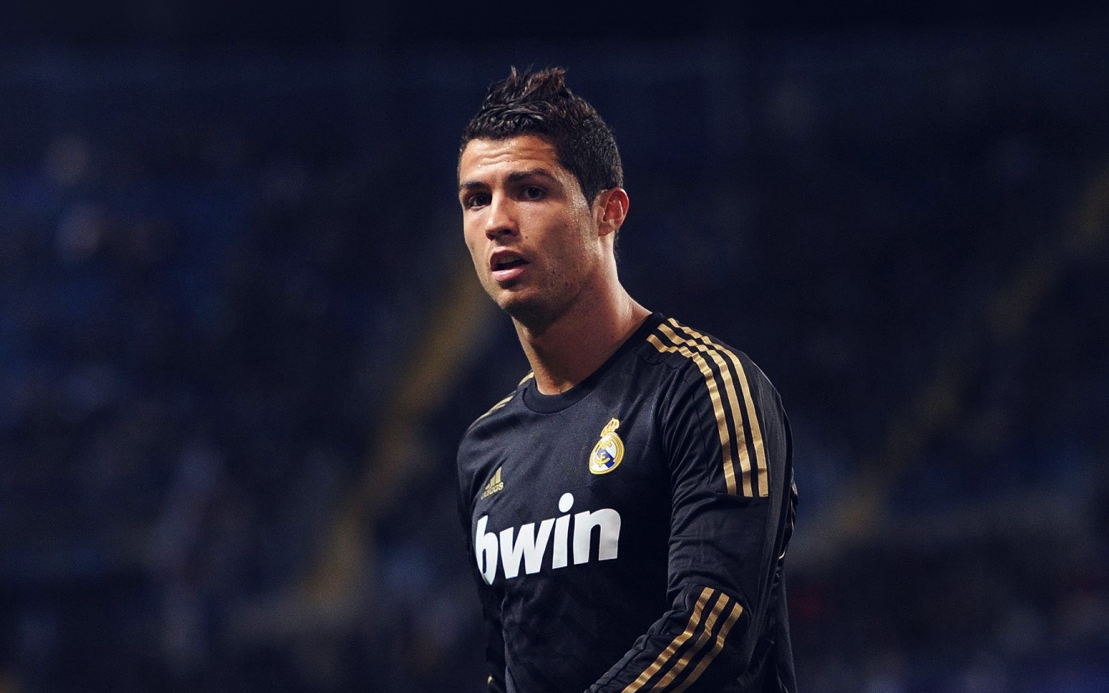 focus on foreground, looking at camera, security, night, star, standing, adult, one person, men, safety, waist up, 4K, ronaldo, soccer, young adult, portrait, HD Wallpaper