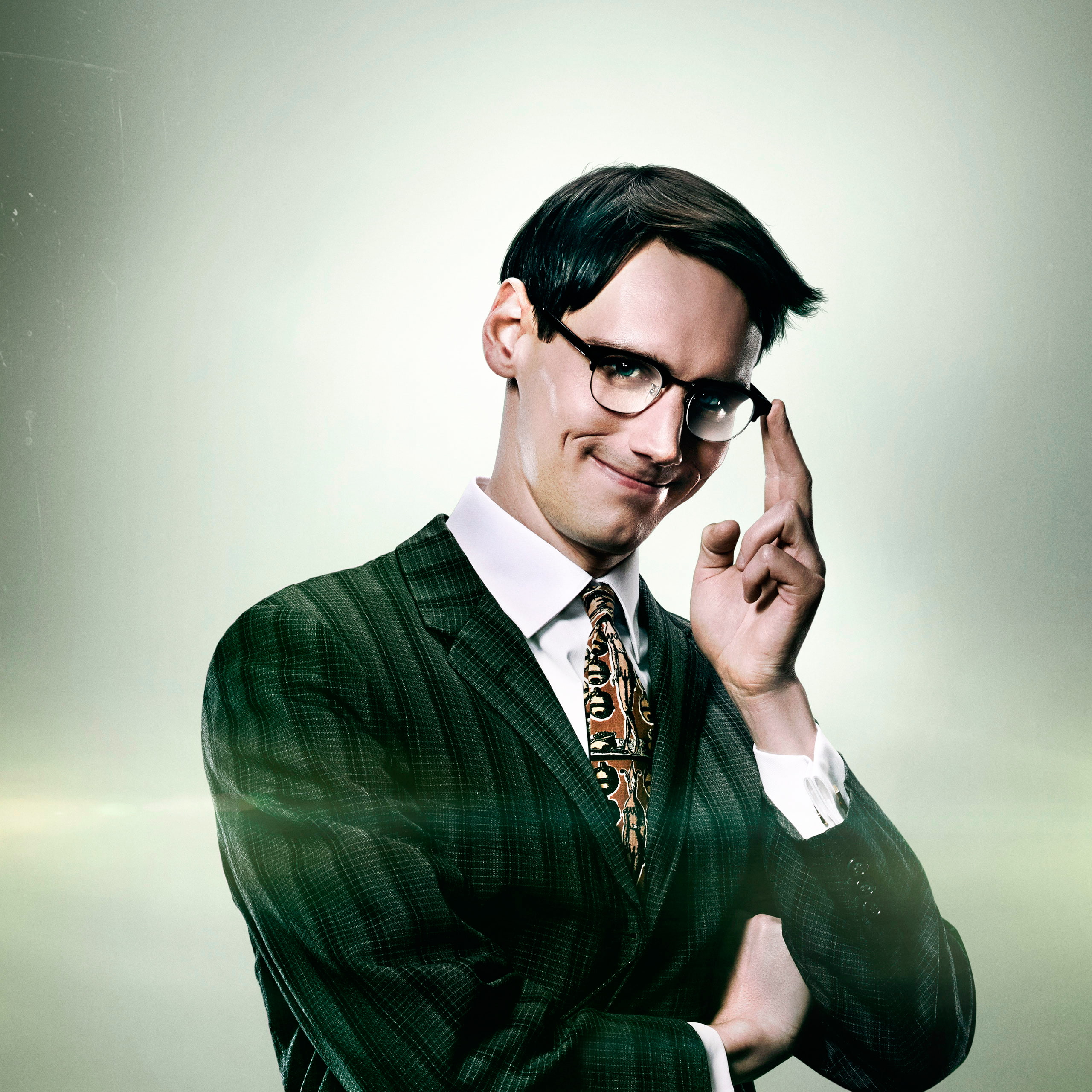 eyeglasses, suit, 2K, young adult, headshot, portrait, black hair, Edward Nygma, smiling, happiness, glasses, front view, Gotham, business person, striped, Phone HD Wallpaper