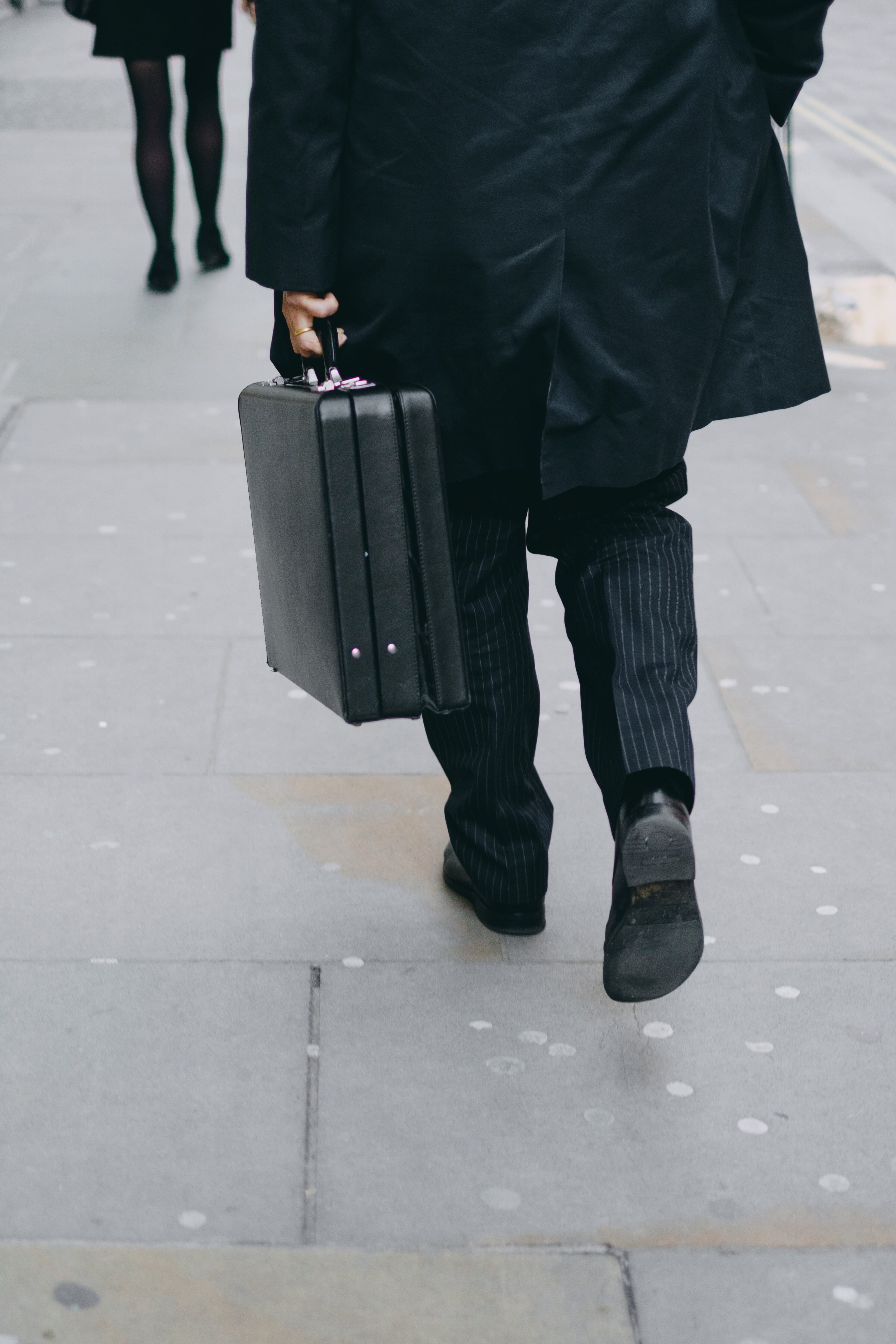 people, person, pants, human body part, human limb, pavement, suit, briefcase, 4K, men, man, real people, day, coat, business suit, black, pinstriped, Phone HD Wallpaper