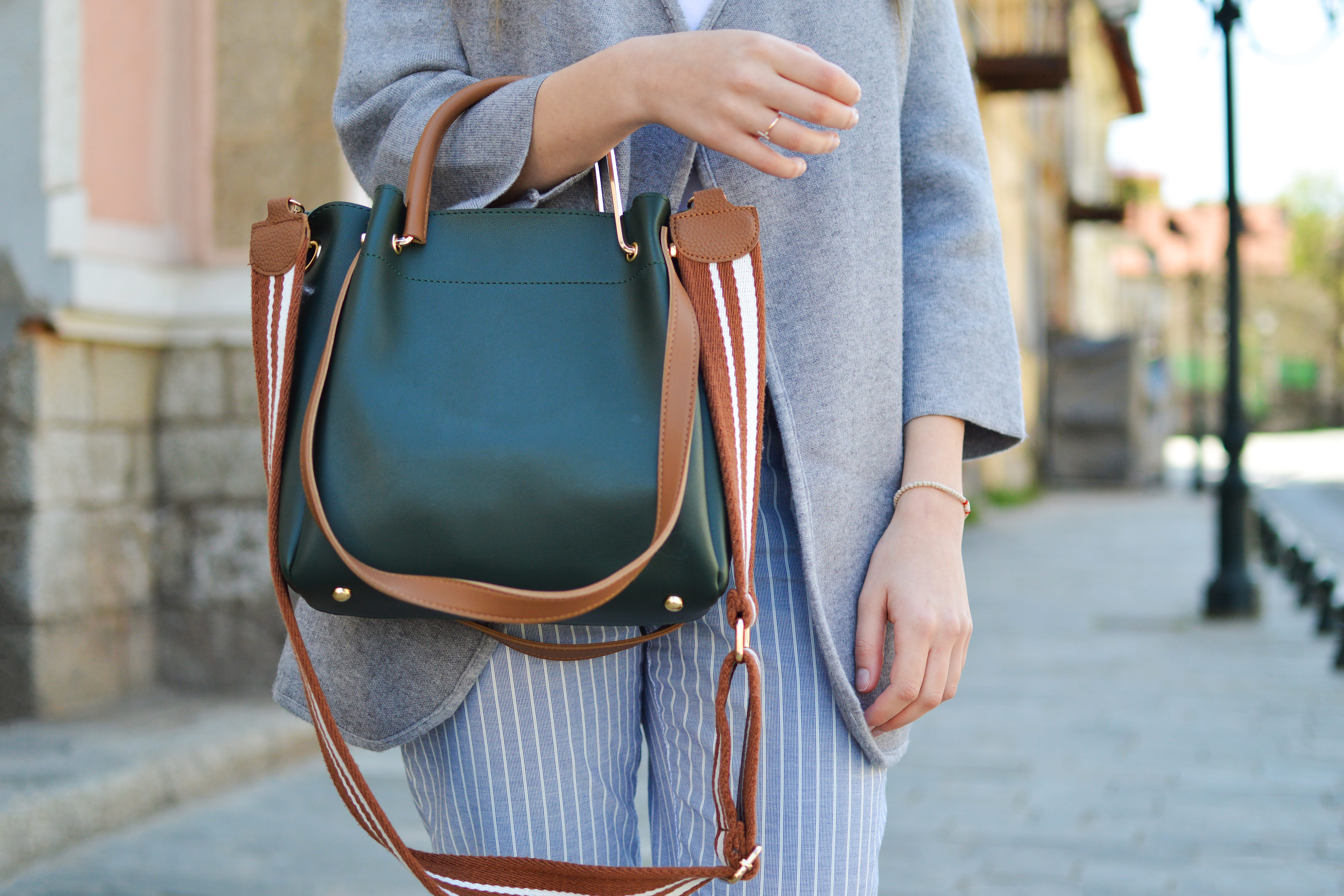 shoulder, front view, green, brown, street, low section, midsection, city, luggage, carrying, casual clothing, outdoors, girl, way, casual, style, lady, HD Wallpaper
