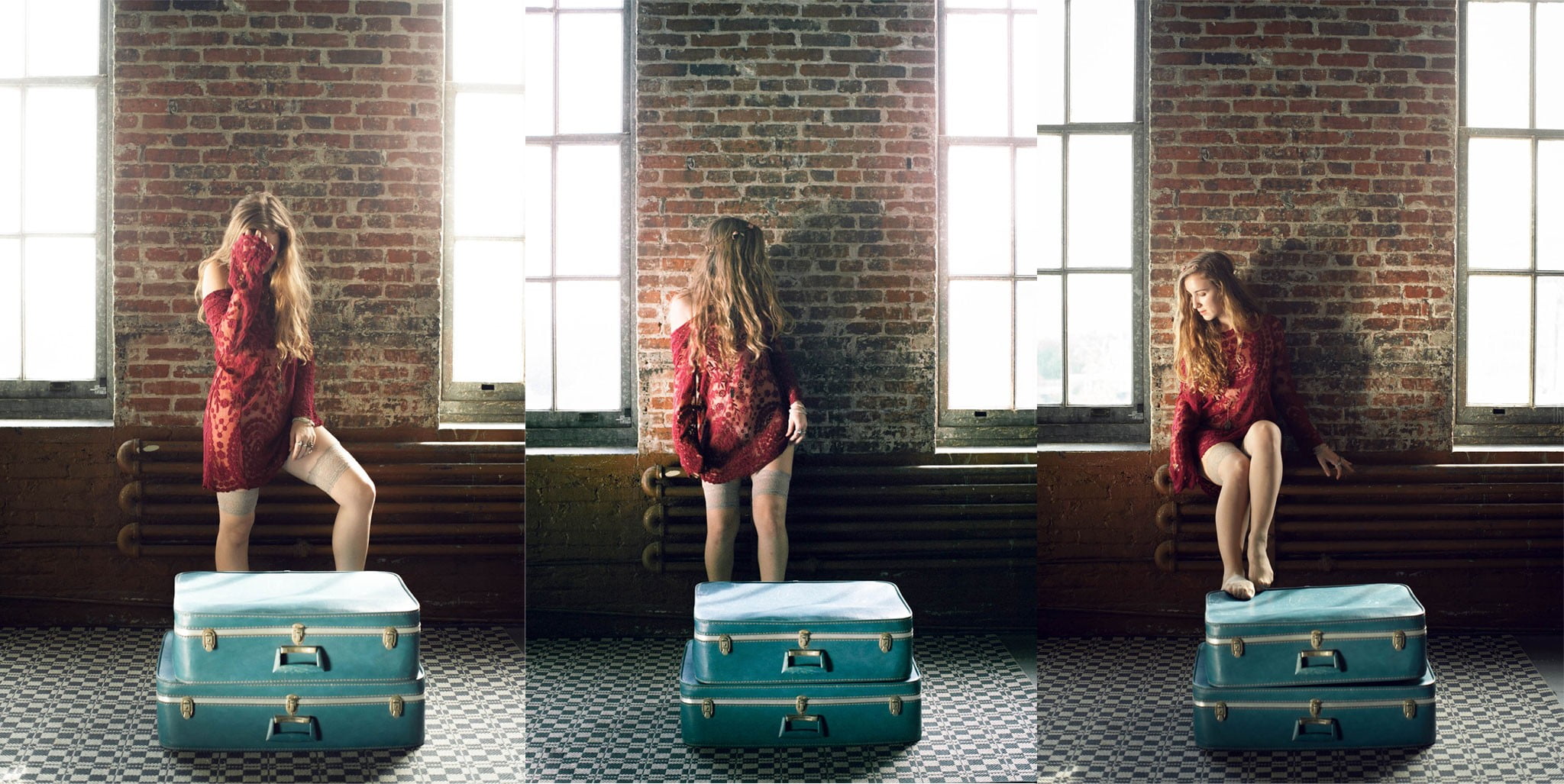 hairstyle, hair, blonde, people, casual clothing, young adult, suitcase, stockings, bricks, curly hair, outdoors, collage, adult, long hair, group of people, HD Wallpaper