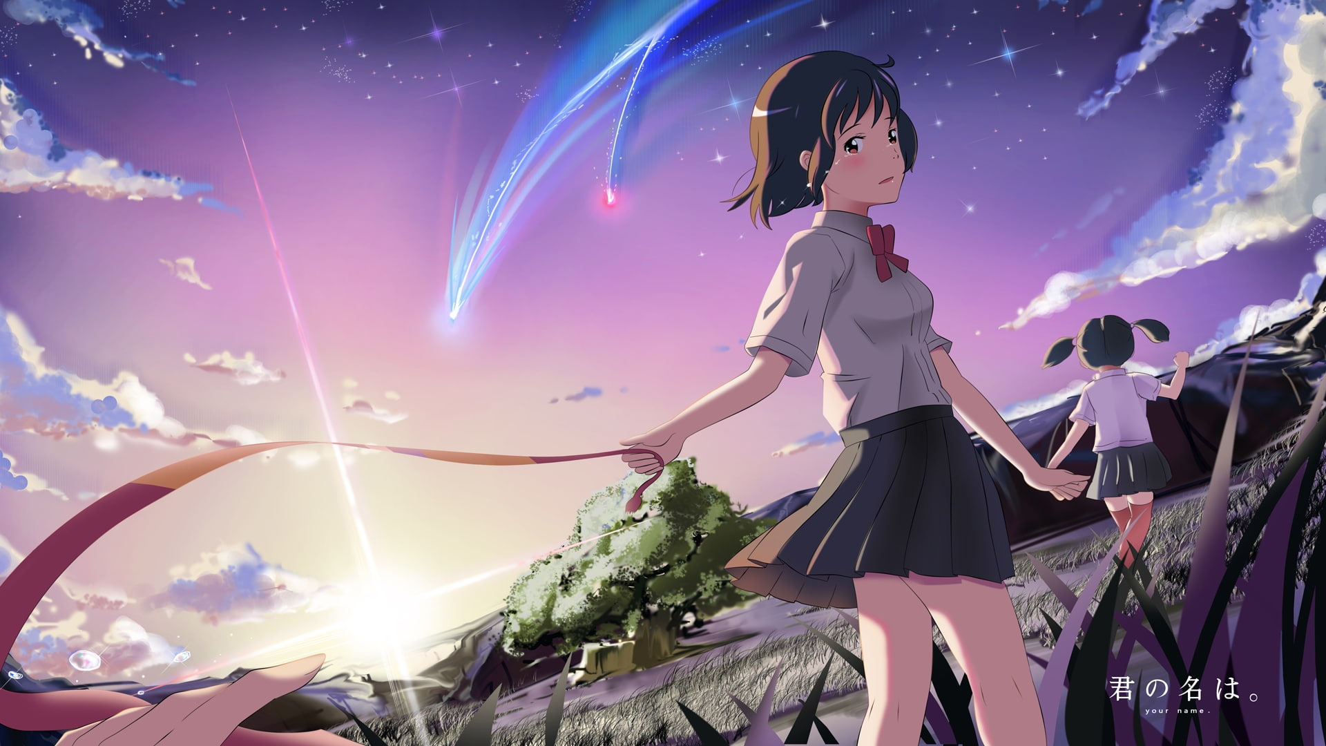 miyamizu mitsuha, young women, illuminated, 1080P, school uniform, three quarter length, young adult, standing, kimi no nawa, holding, clothing, lifestyles, HD Wallpaper