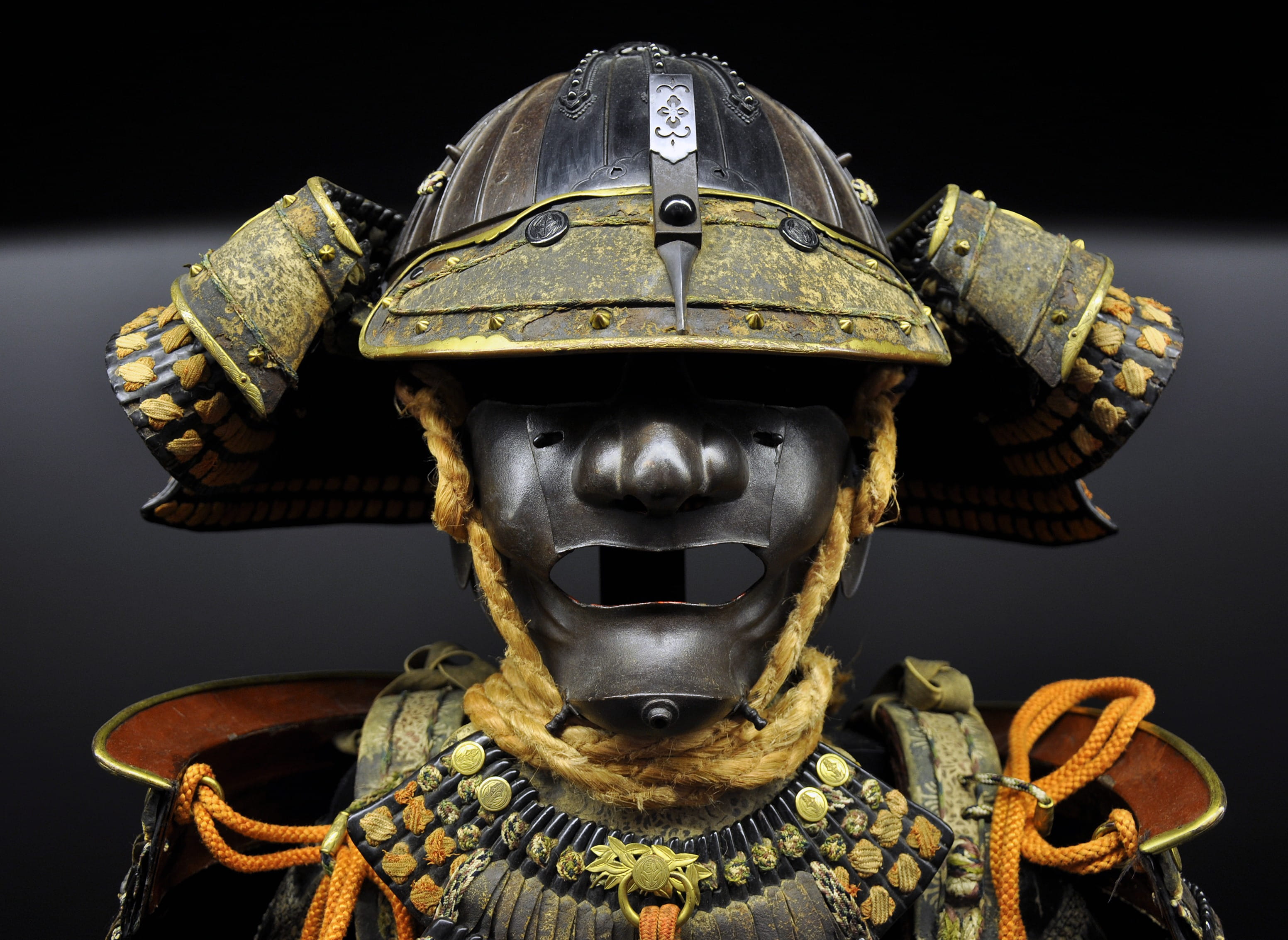 ornate, ancient, work helmet, armed forces, art and craft, still life, museum, black background, security, metal, medieval, display, representation, macro, HD Wallpaper