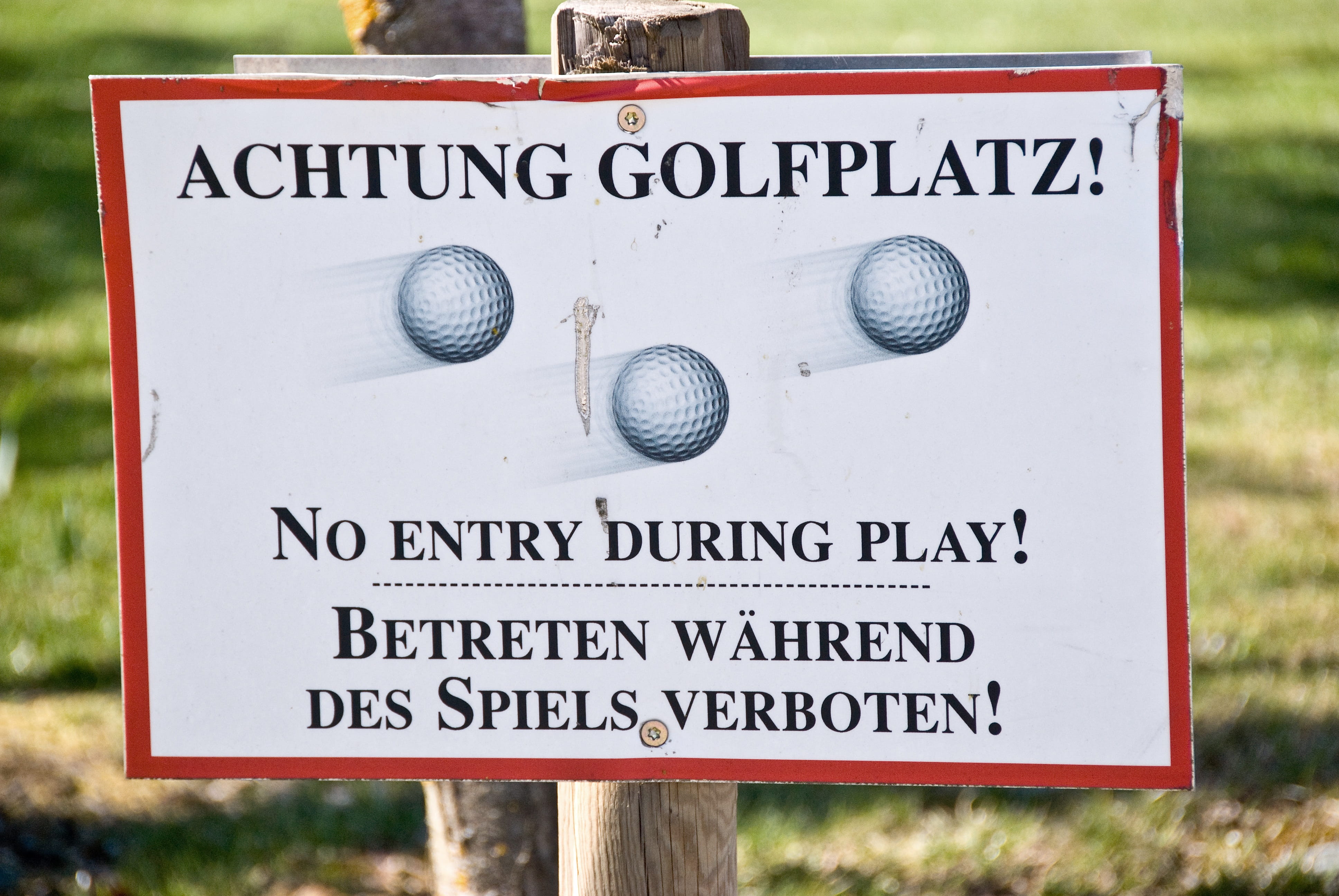 note, focus on foreground, warning sign, direction, golf balls, Sign, road sign, Attention, shield, capital letter, day, spiels, communication, plant, entry, HD Wallpaper