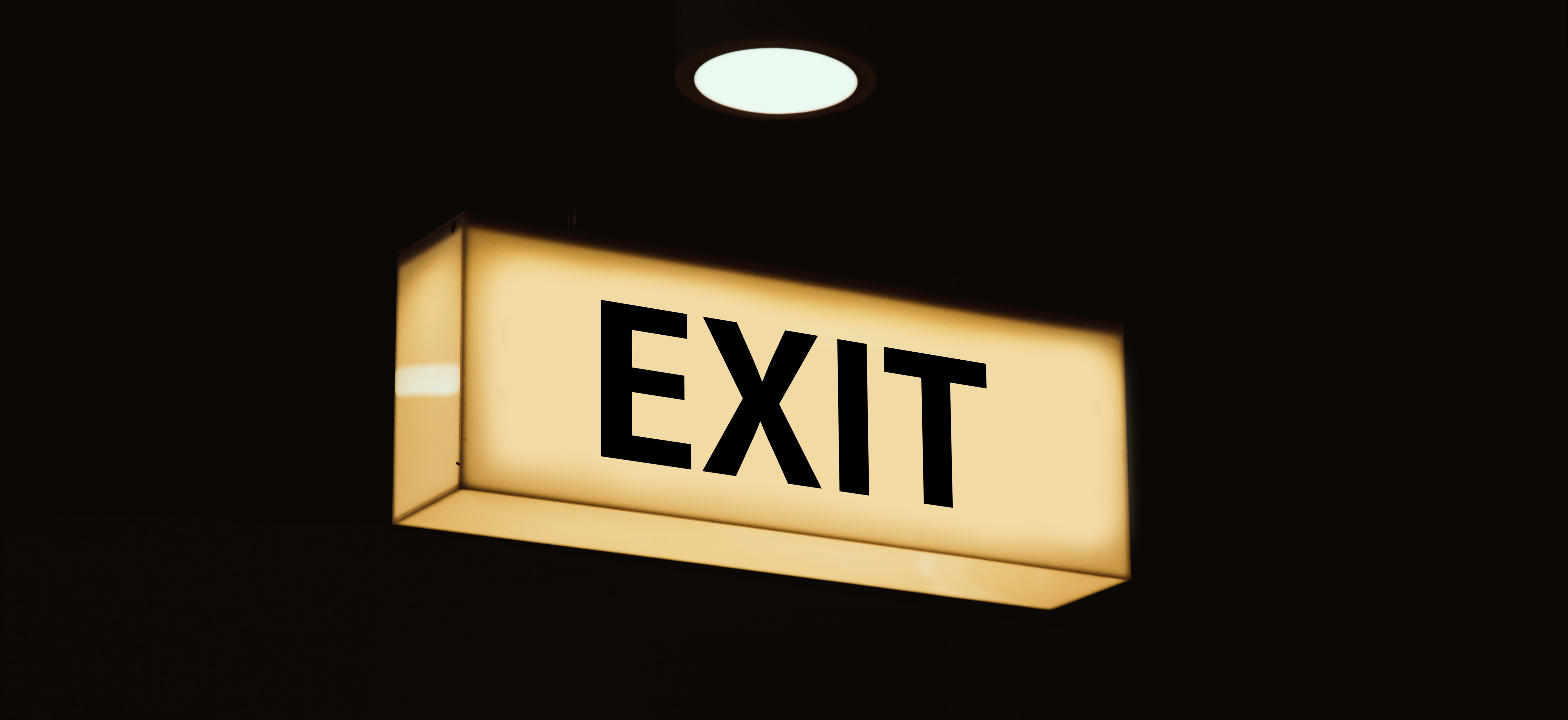 text, attention, directional sign, information, message, illuminated, exit, indoors, escape route, way out, black color, night, 5K, emergency exit, western script, HD Wallpaper