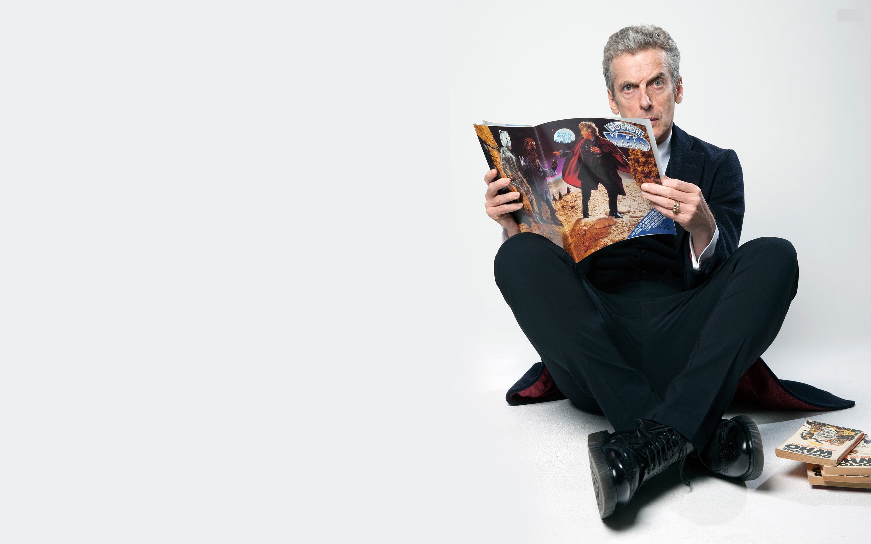 suit, adult, contemplation, jacket, photo, facial hair, Peter Capaldi, full length, Doctor Who, The Doctor, mature men, portrait, dress, pants, white background, HD Wallpaper