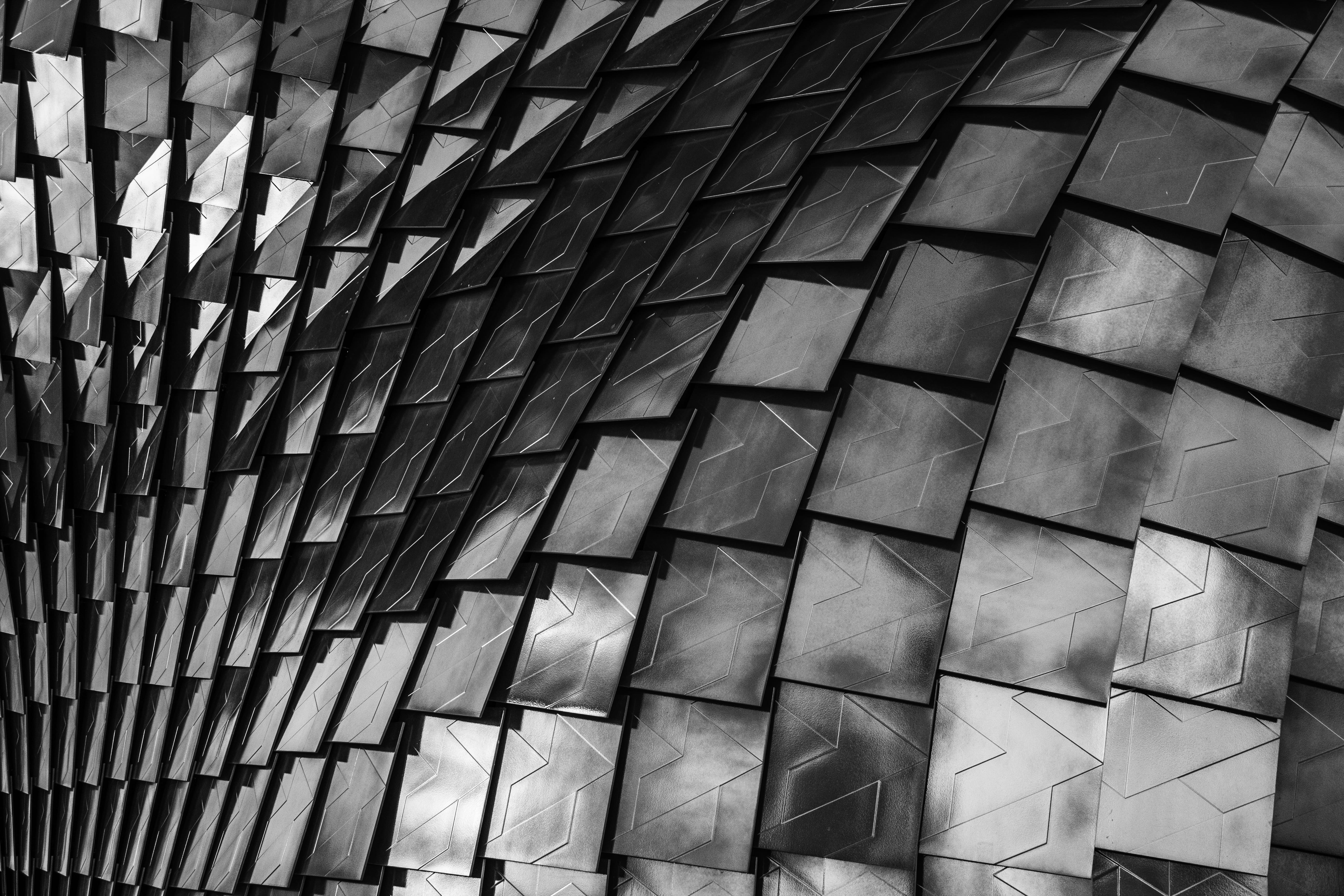textured, black, pattern, abstract, office building exterior, tile, black and white, ceiling, Scales, window, building Exterior, geometric shape, surface, HD Wallpaper