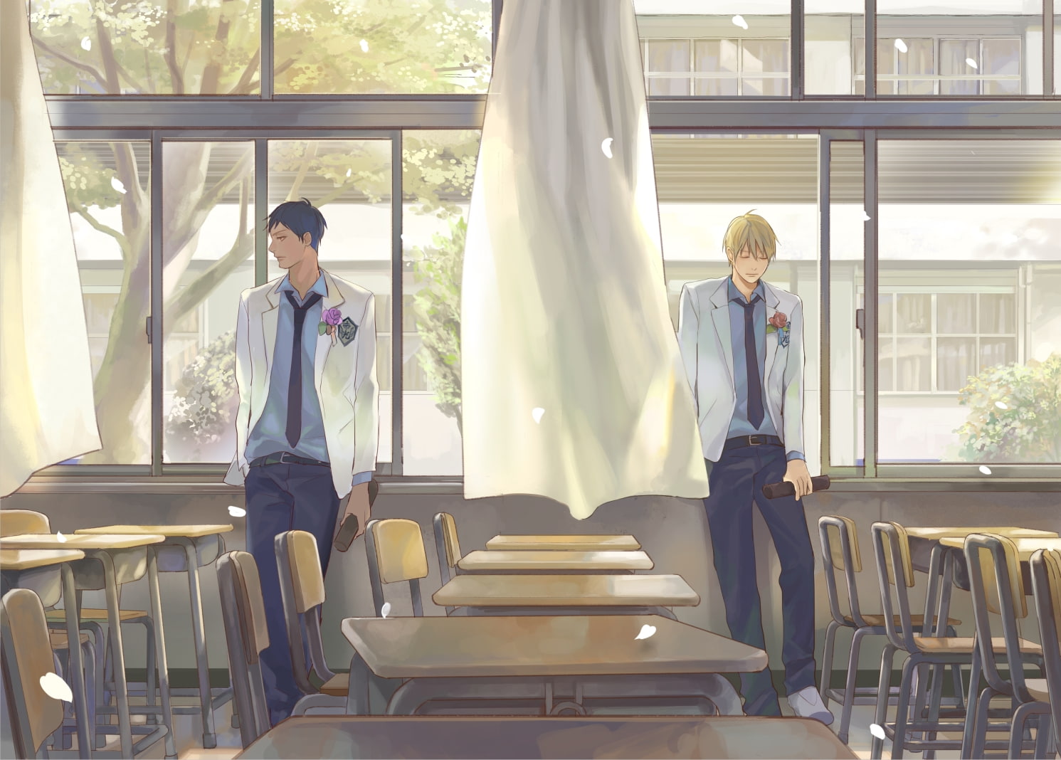 uniform, day, real people, seat, three quarter length, petals, young adult, classroom, standing, 720P, men, indoors, window, occupation, furniture, Anime, HD Wallpaper