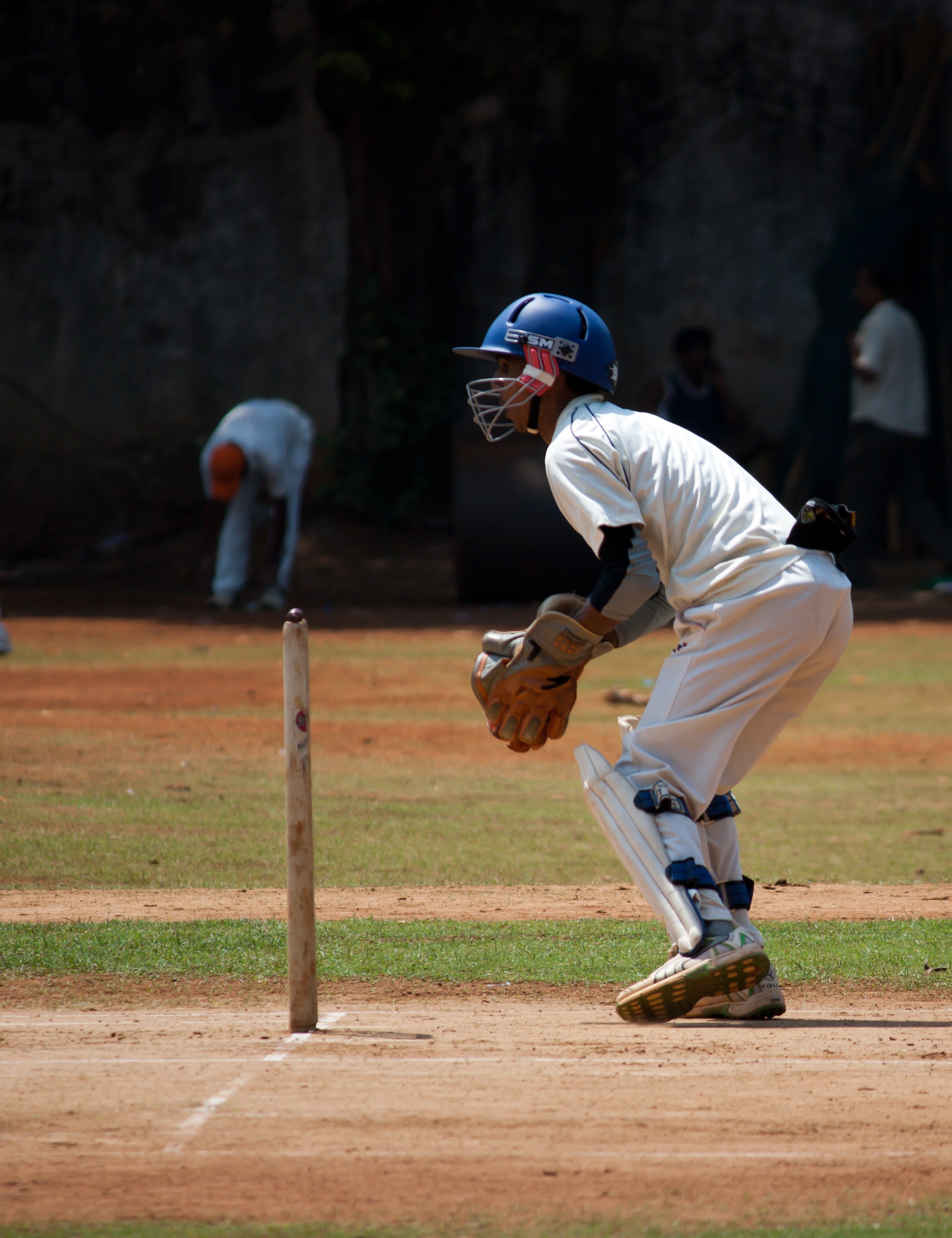 focus on foreground, batting, sports clothing, player, cricket game, ball game, sports, wicket, tournament, day, boys, clothing, field, keeping, standing, Phone HD Wallpaper