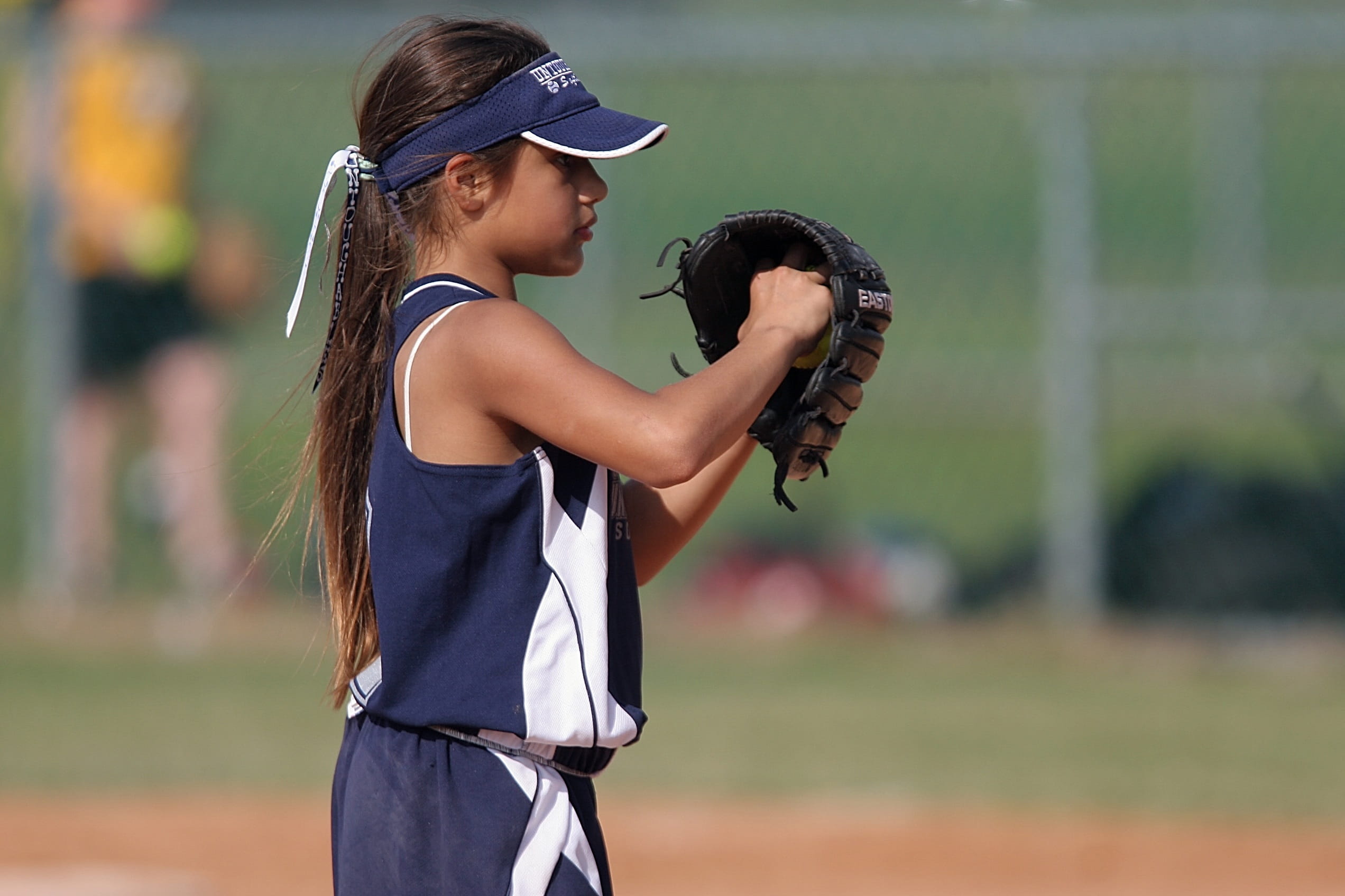 day, sports equipment, child, play, kid, people, park, side view, females, player, glove, standing, adult, hairstyle, sport, baseball - sport, cap, waist up, HD Wallpaper