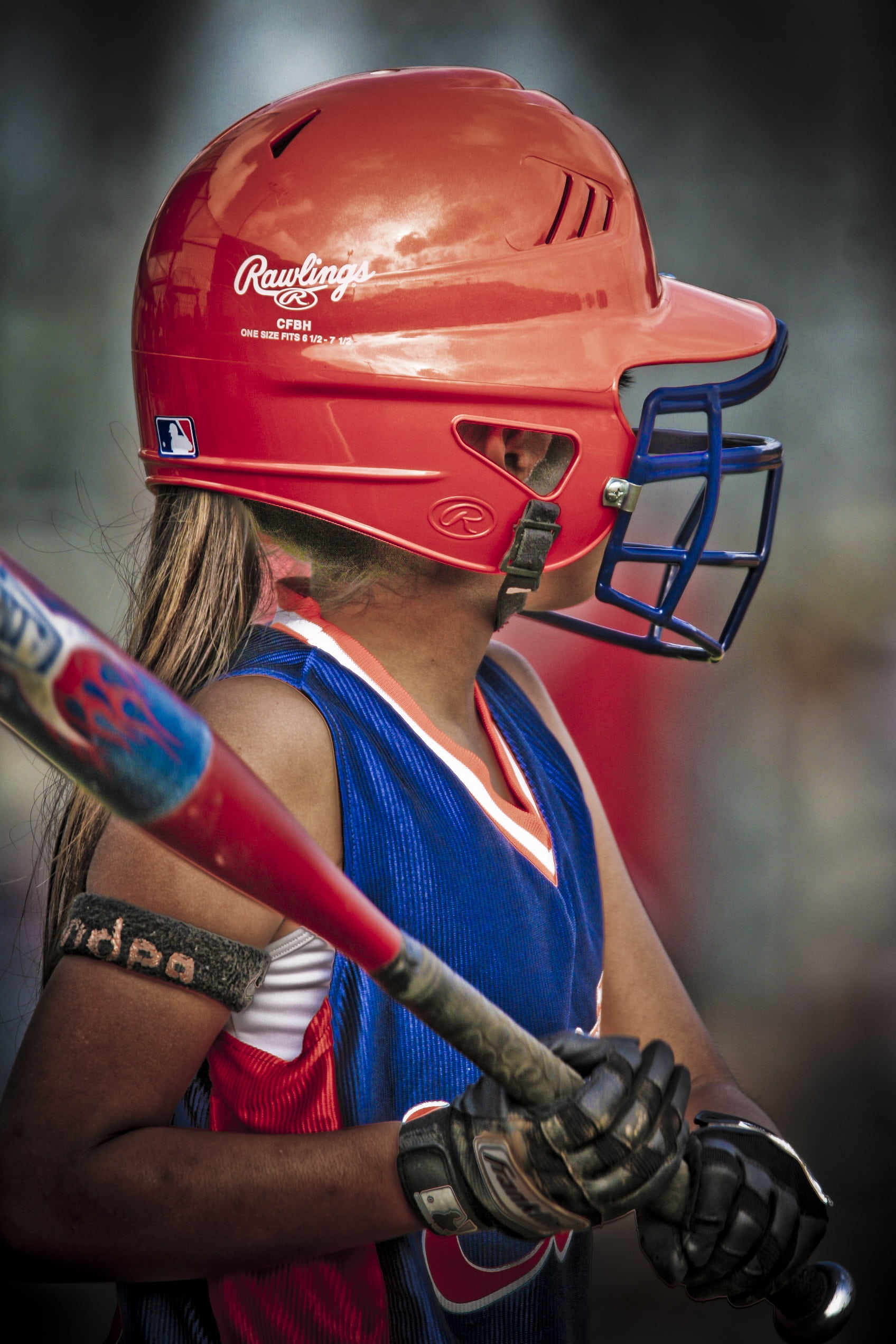focus, female, clothing, youth, security, young, anticipating, portrait, girls, holding, cap, glove, waist up, helmet, bat, player, indoors, play, one person, Phone HD Wallpaper