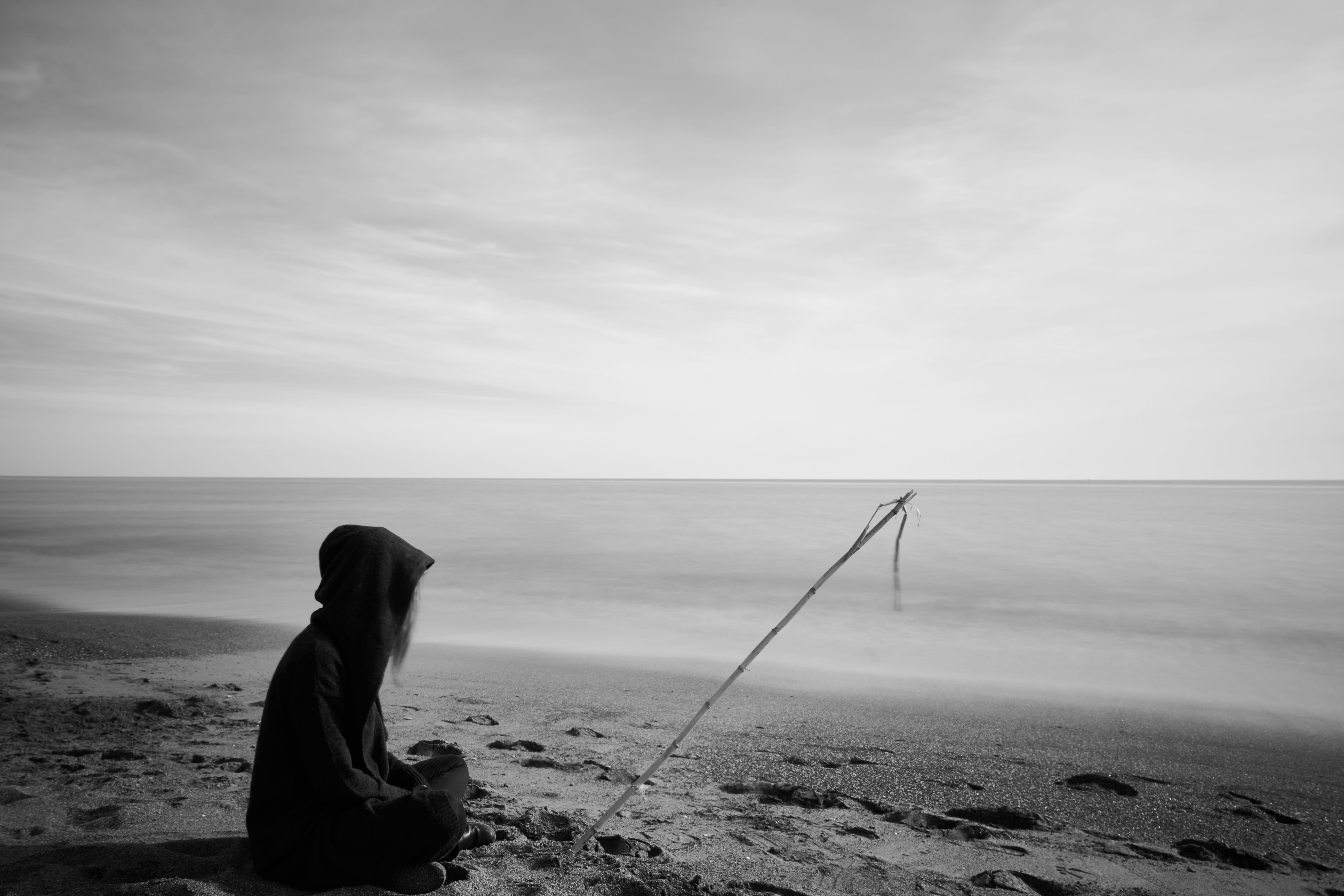 scenics - nature, tranquil scene, black and white, black, horizon, sky, adult, leisure activity, people, only, human, melancholy, beauty in nature, beach, HD Wallpaper