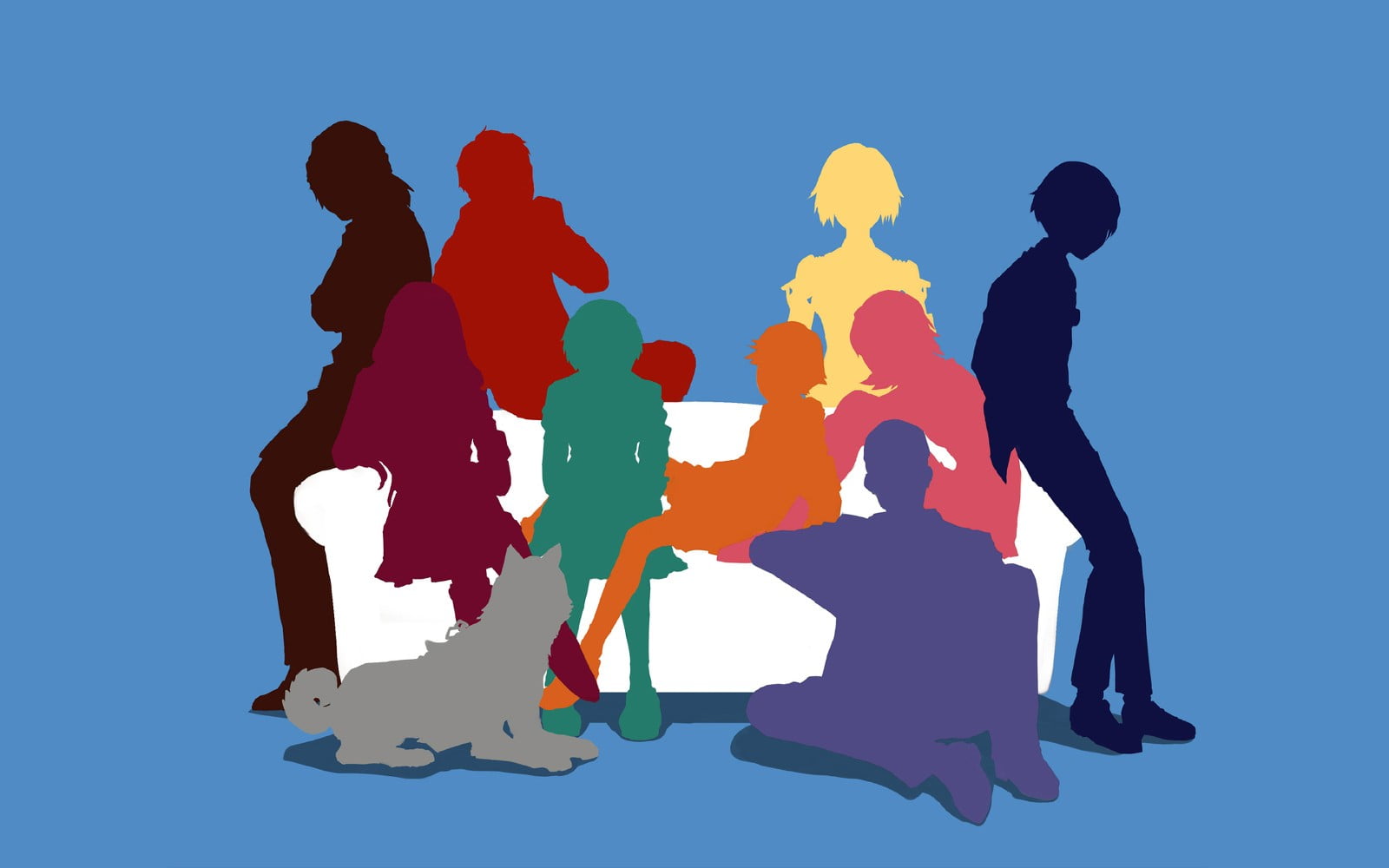 people, 720P, white, Persona 3, bench, group, video games, anime, Persona series, minimalism, artwork, sitting, HD Wallpaper