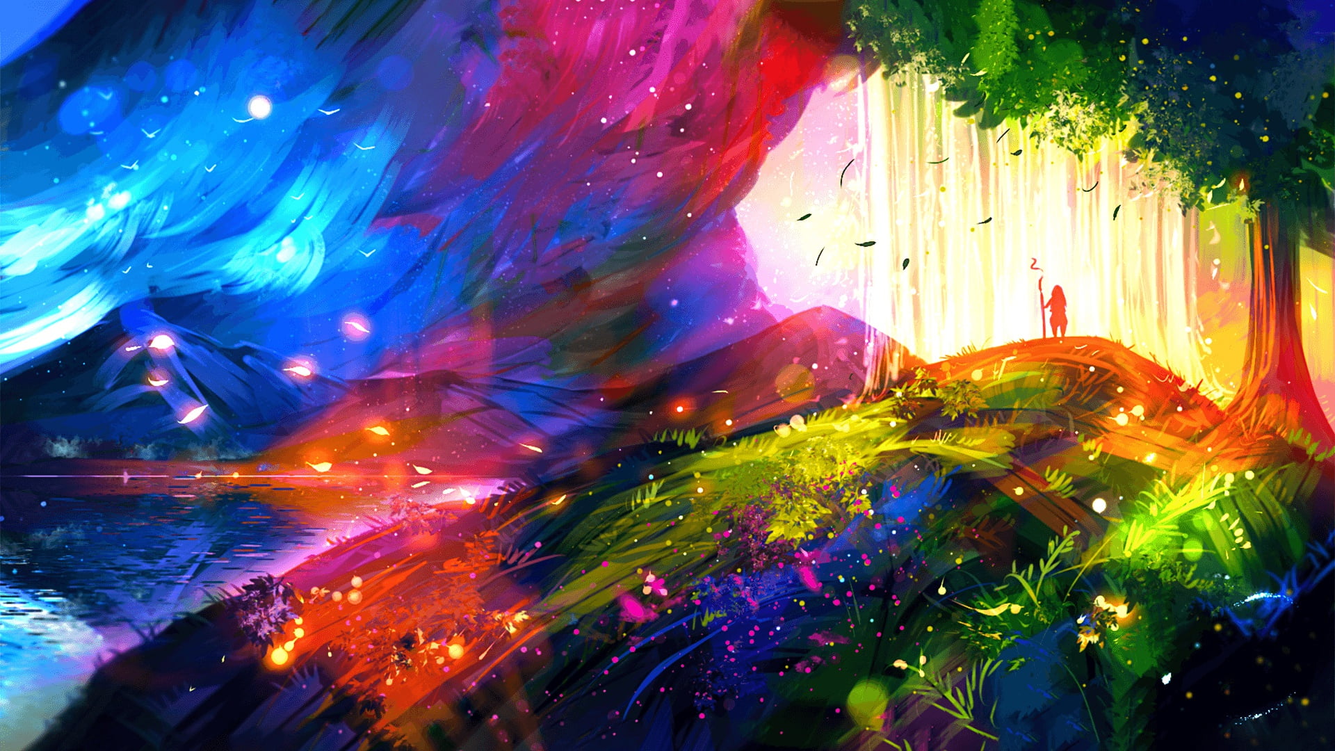 artwork, night, colors, tree, stick, colorful, digital art, Landscape, day, figure, petals, art, mountain, lake, 1080P, HD Wallpaper
