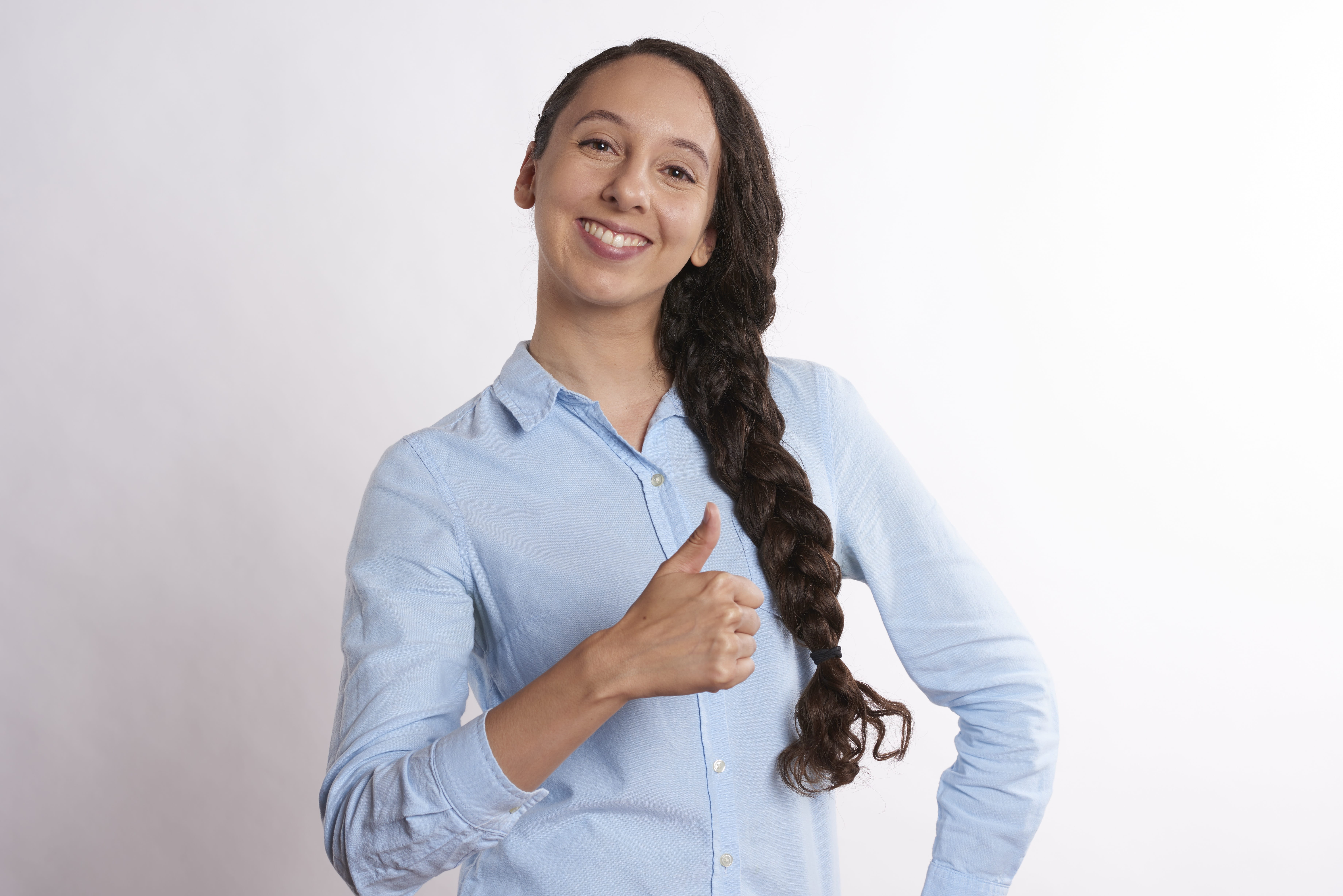 happy, smiling, hairstyle, thumbs, adult, smile, isolated, standing, thumbs up, health, copy space, subscribe, portrait, studio shot, waist up, ecommerce, HD Wallpaper