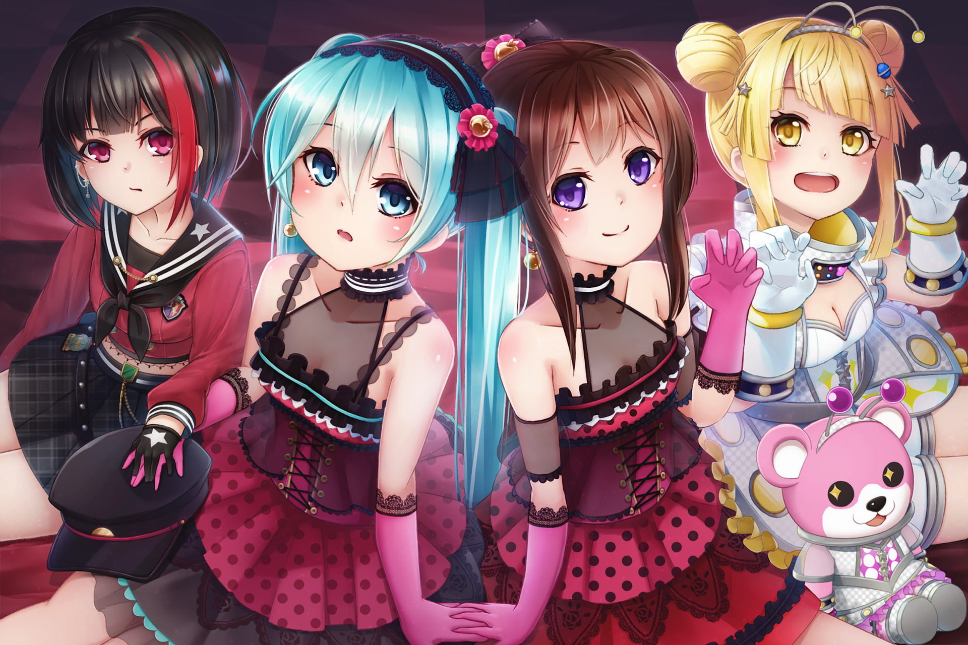 Black Hair, Vocaloid, Kokoro Tsurumaki, Blonde, Hatsune Miku, Skirt, Smile, BanG Dream, Ponytail, 1080P, Anime, Short Hair, Purple Eyes, Blue Eyes, Crossover, HD Wallpaper