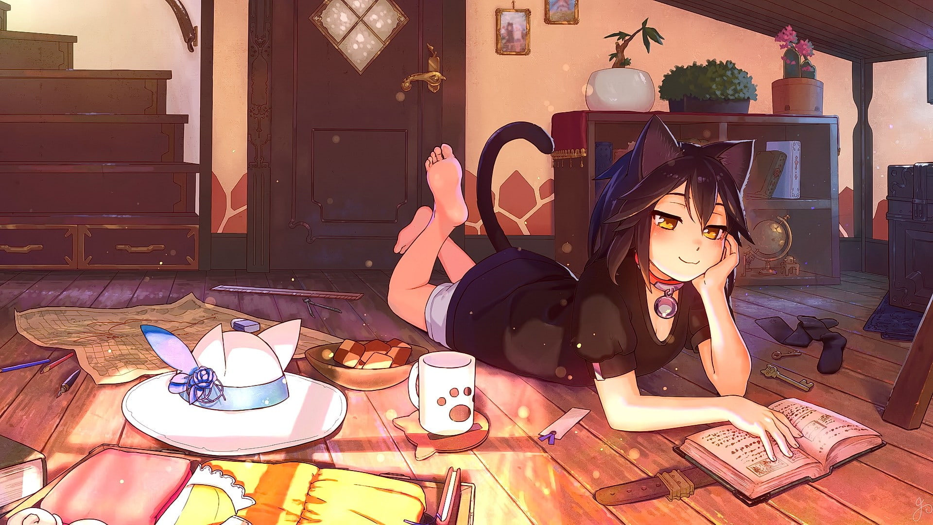 anime, nekomimi, tail, smiling, short hair, 1080P, food, barefoot, brown eyes, cat girl, hat, animal ears, looking away, black hair, original characters, HD Wallpaper