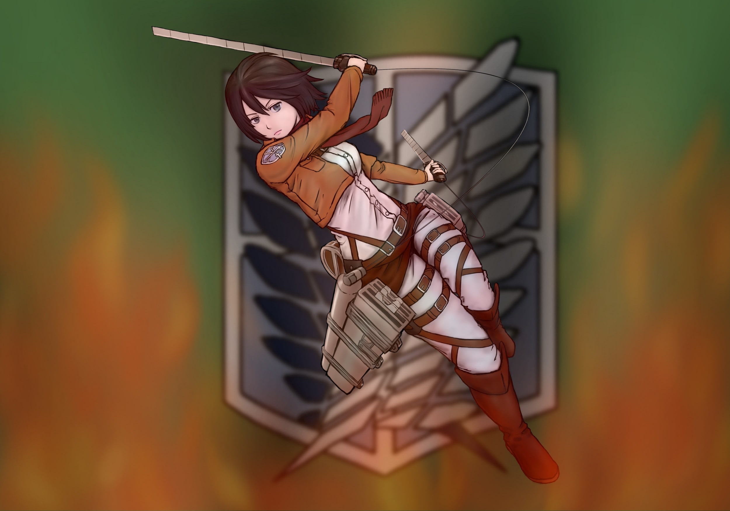 ropes, mikasa ackerman, weapons, opinion, attitude, komasato, swords, girl, shingeki no kyojin, gesture, art, 1080P, banner, HD Wallpaper