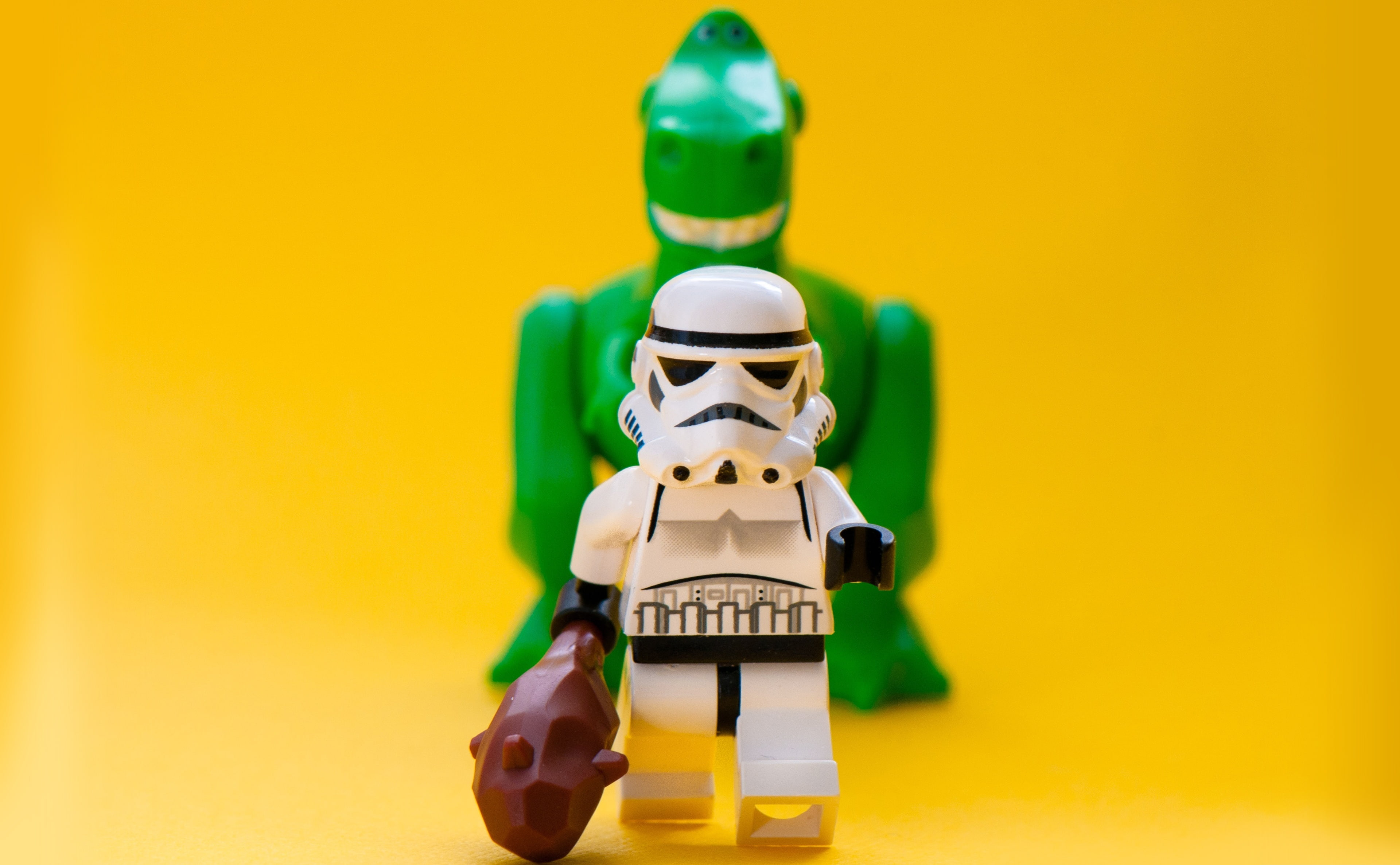 colored background, stormtrooper, Dinosaur, 4K, robot, creativity, yellow, Miniature, human representation, toy, male likeness, art and craft, Travel, HD Wallpaper