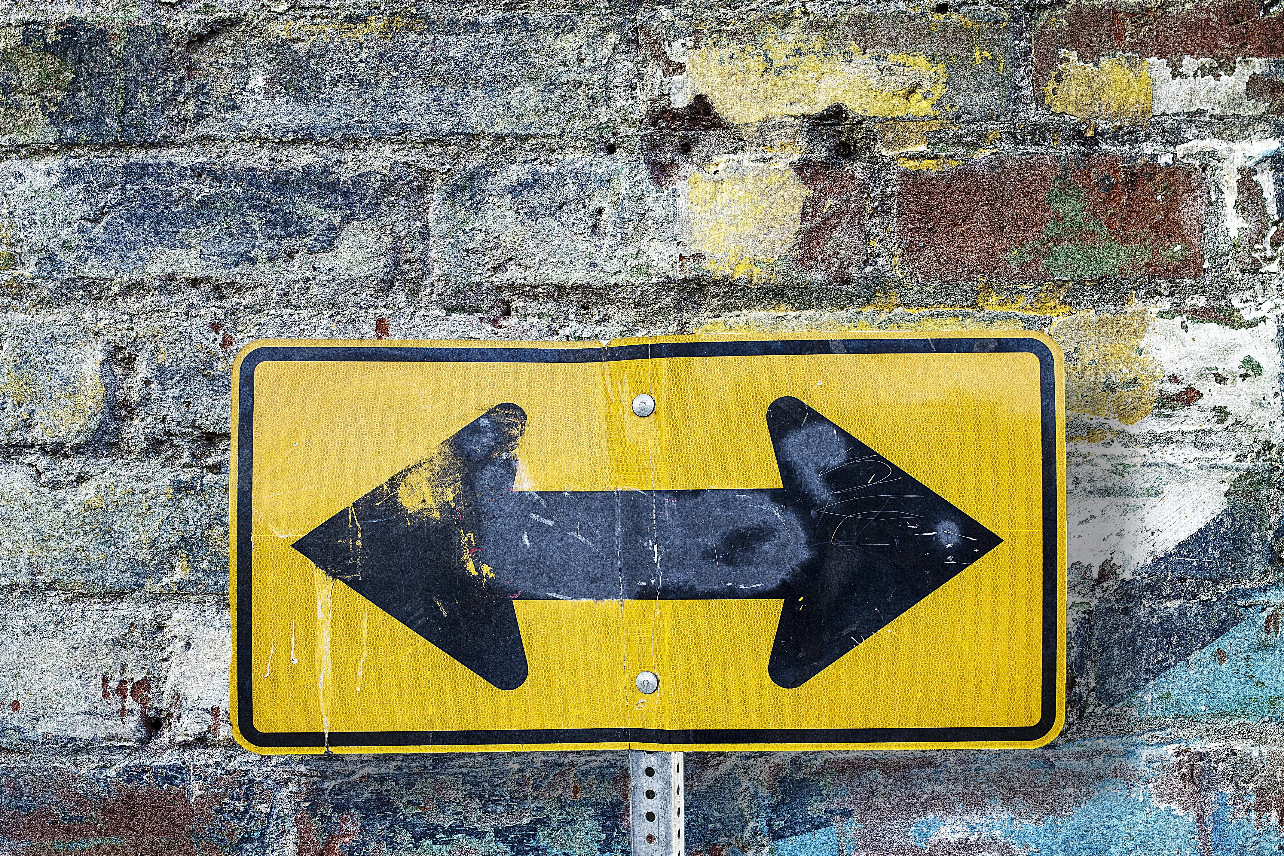 guidance, no people, texture, brick wall, symbol, textured, yellow, built structure, sign, spray paint, black color, communication, road, day, wall, road Sign, HD Wallpaper
