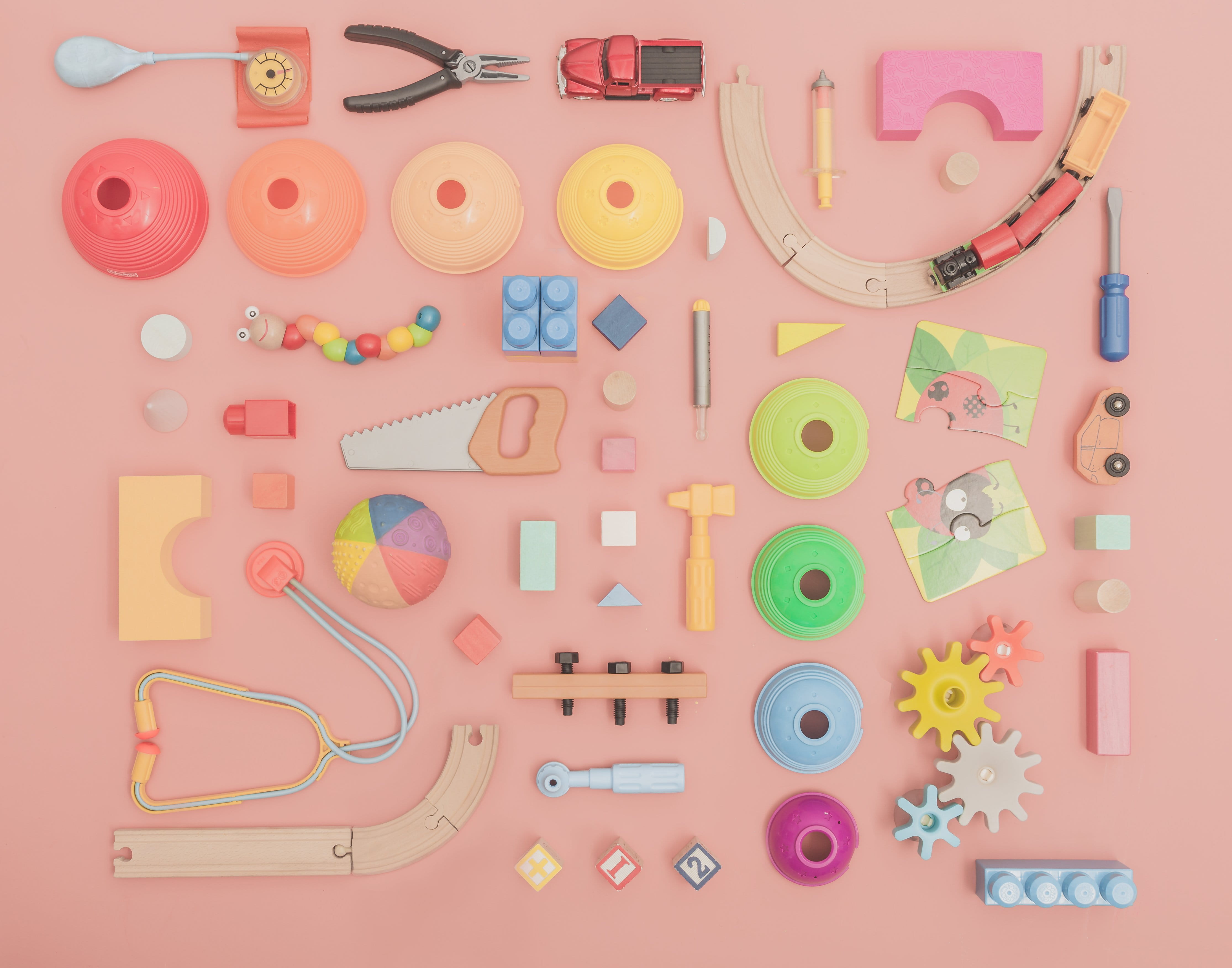 multi colored, no people, arrangement, 4K, choice, Tools, photo, toy, indoors, button, abundance, alphabet, kids, letter, Toys, scissors, studio shot, HD Wallpaper