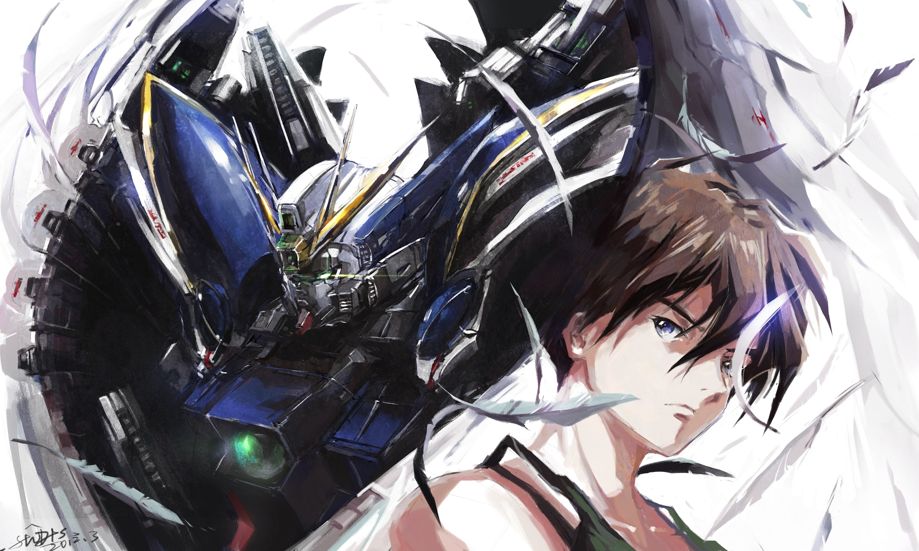 dts, mecha, feathers, gundam, hair, brown, blue, short, 2K, yuy, wings, heero, wing, eyes, stu, HD Wallpaper